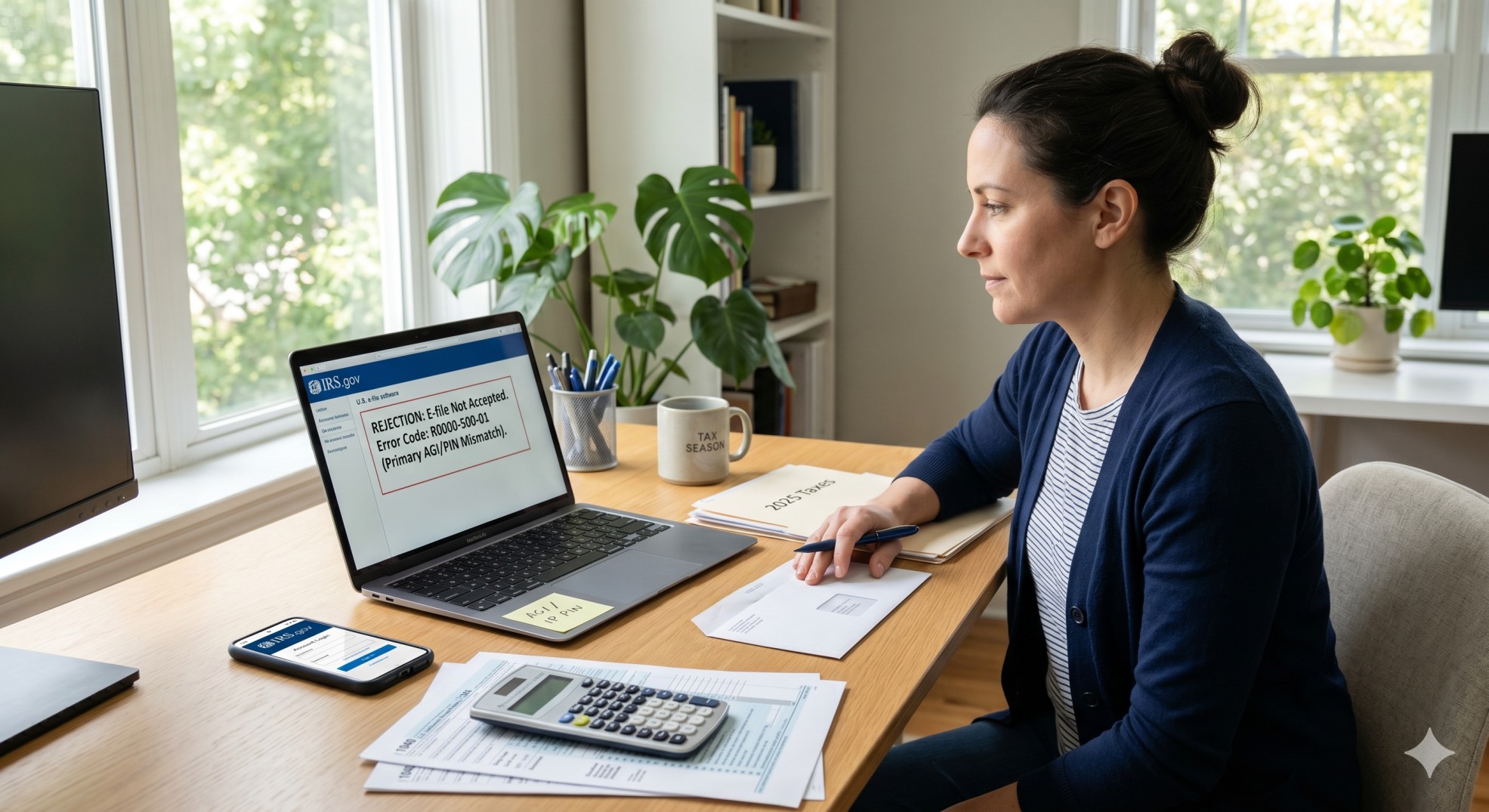   Taxpayer reviewing an e-file rejection notice on a laptop with Form 1040 papers, a calculator, and notes about AGI and IP PIN. 
