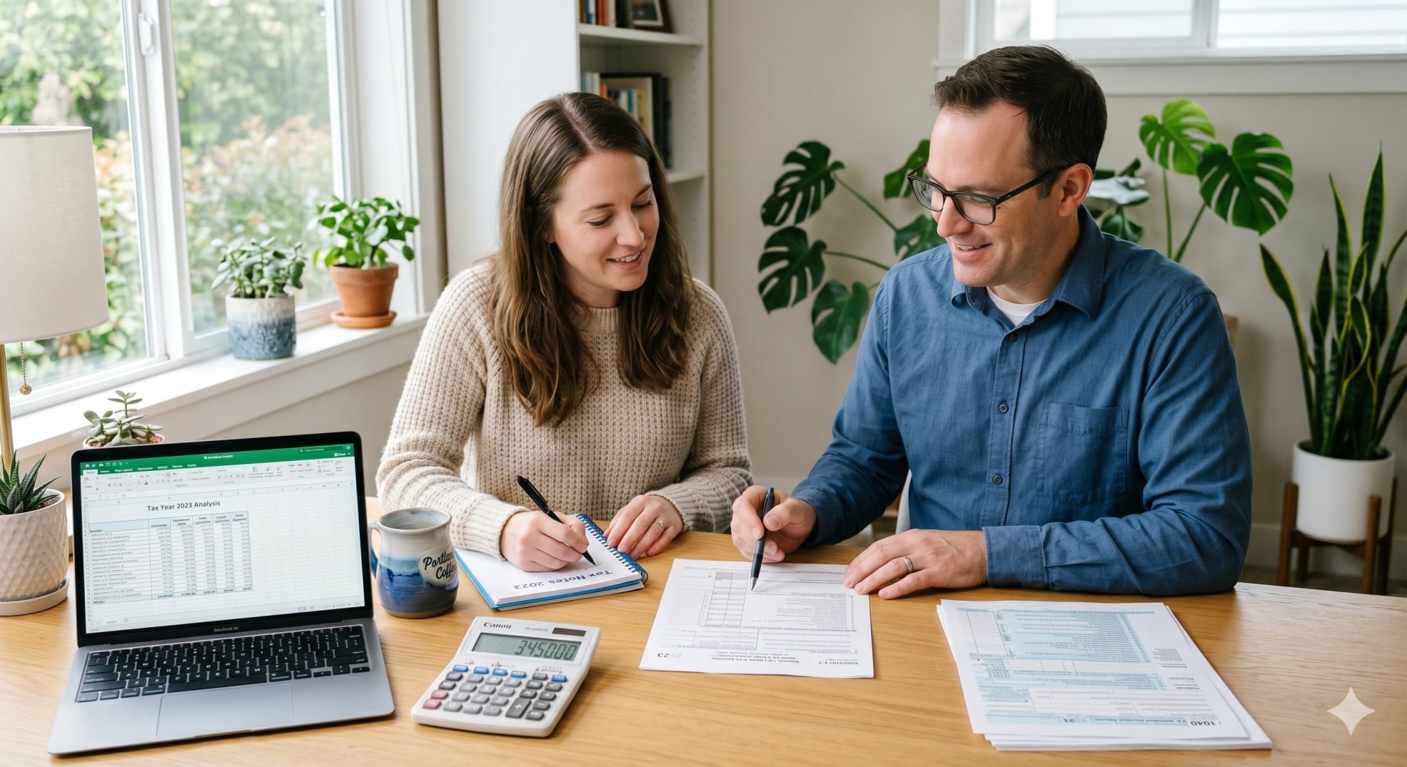   Beneficiary reviewing Schedule K-1 (Form 1041) paperwork with a calculator and laptop at a home office desk. 