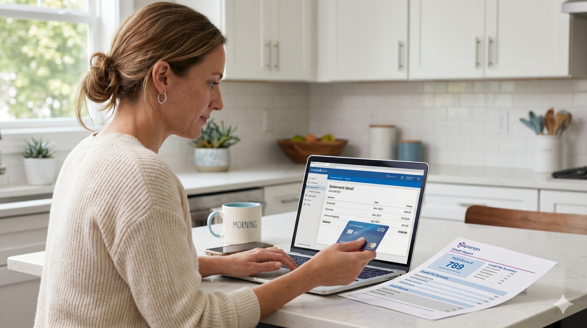   Person checking credit card statement and credit report on a laptop to understand credit utilization 