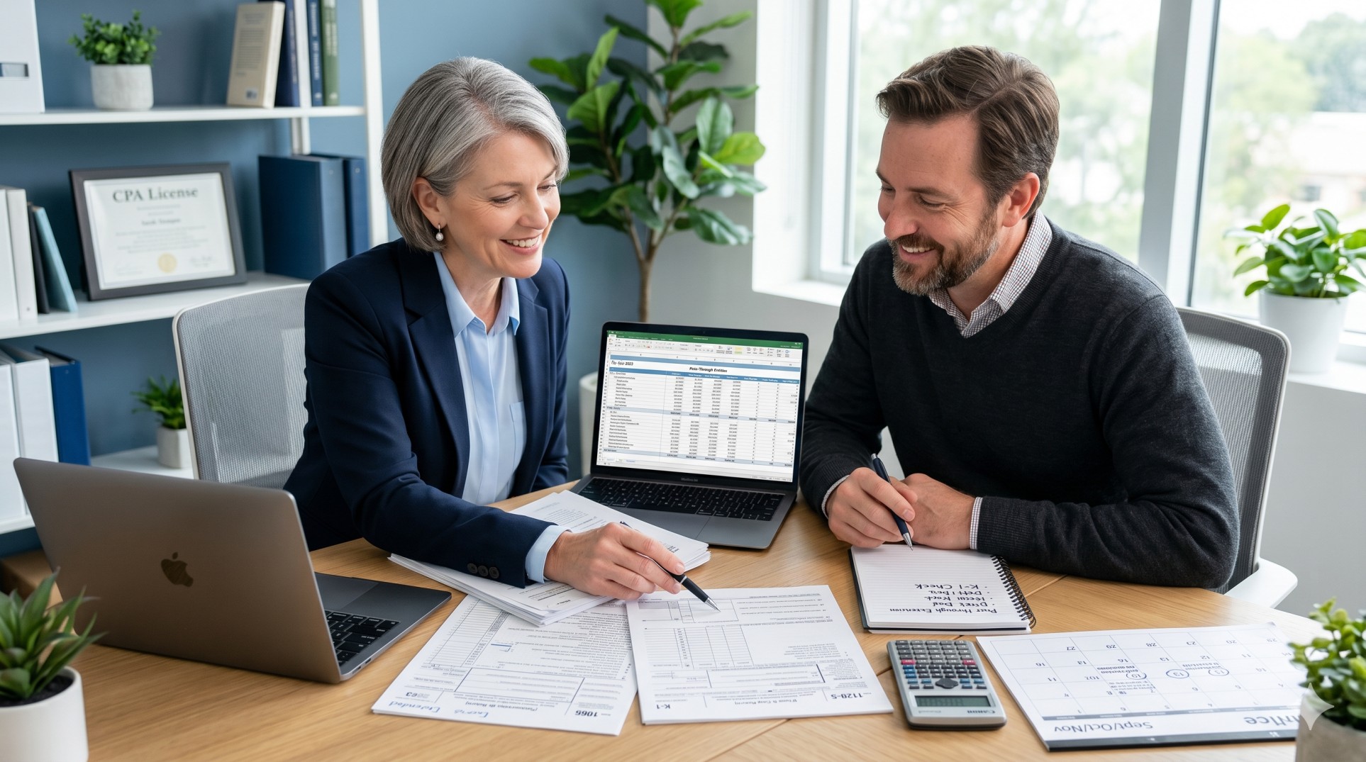   CPA and small business owner reviewing Schedule K-1 and tax return documents for an extended S-corp or partnership filing. 
