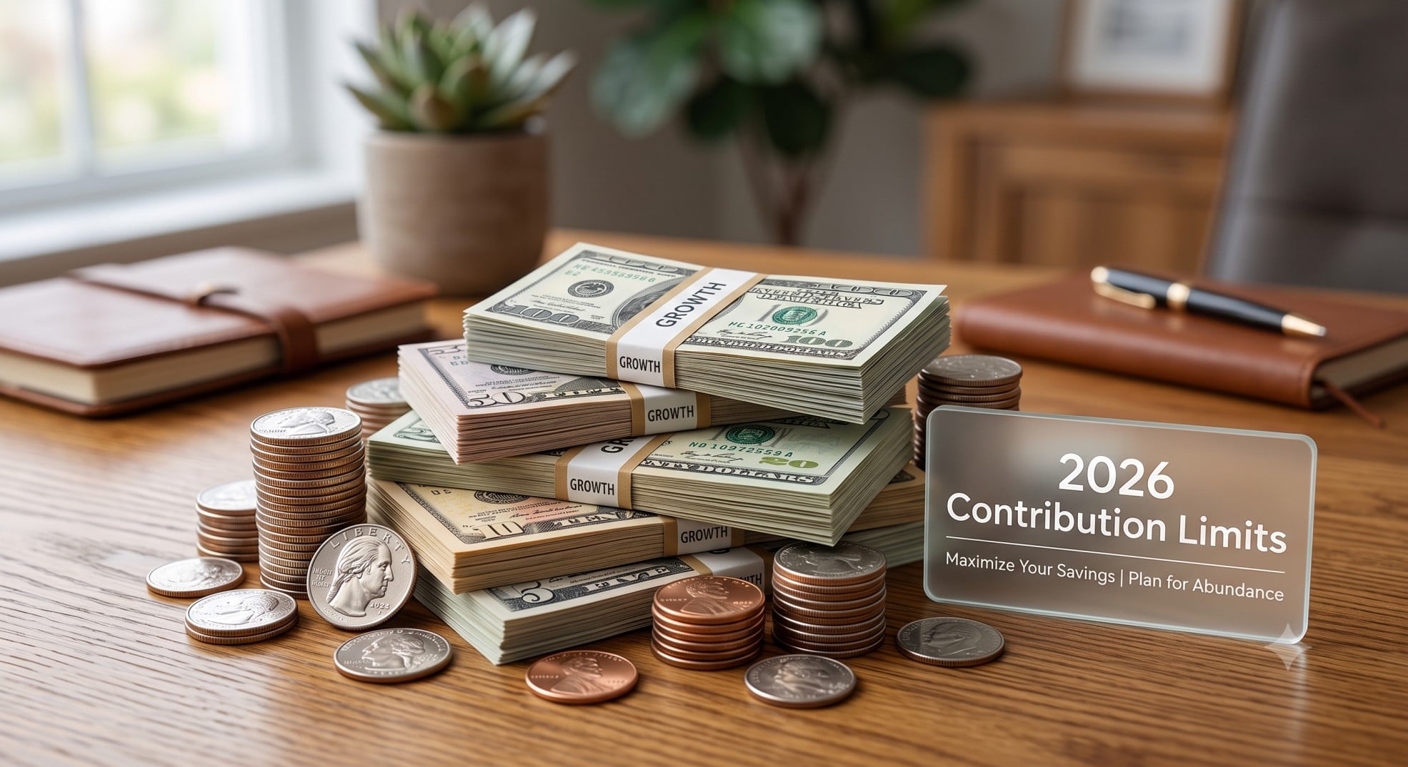A stack of coins and dollar bills, representing increased savings and understanding workplace retirement plans 2026 contribution limits.