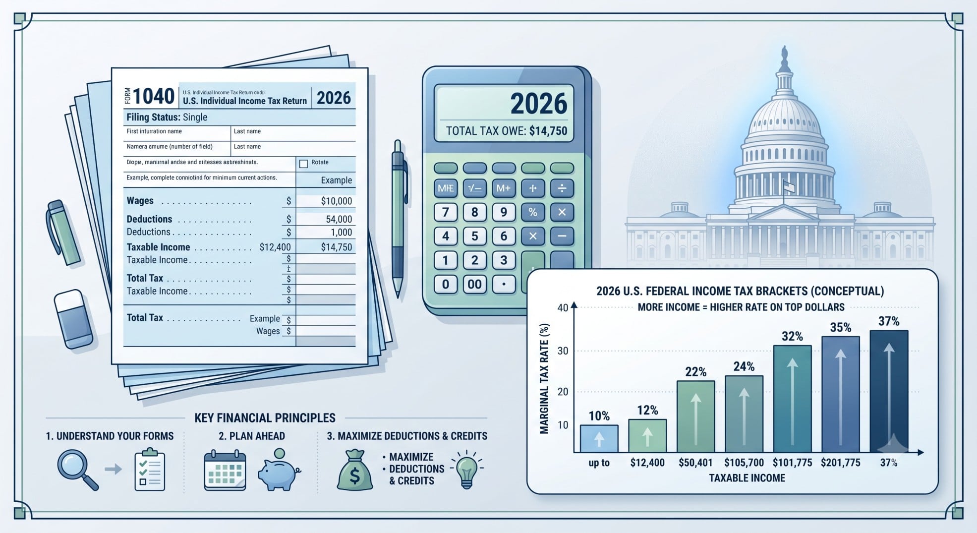 Illustration of 2026 federal tax brackets and a calculator, symbolizing tax planning.