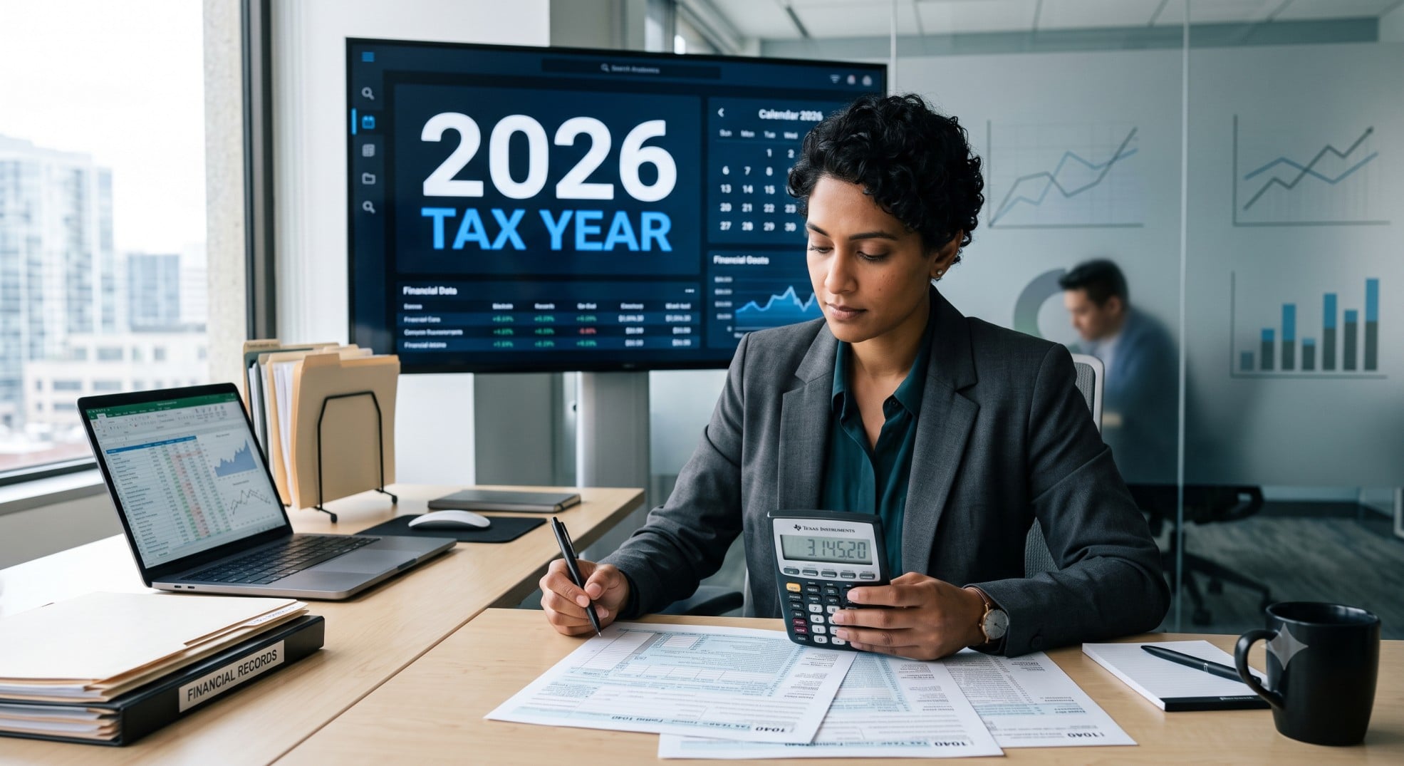   A person reviewing tax documents and a calculator, with a calendar showing 2026, symbolizing tax planning and new regulations. 