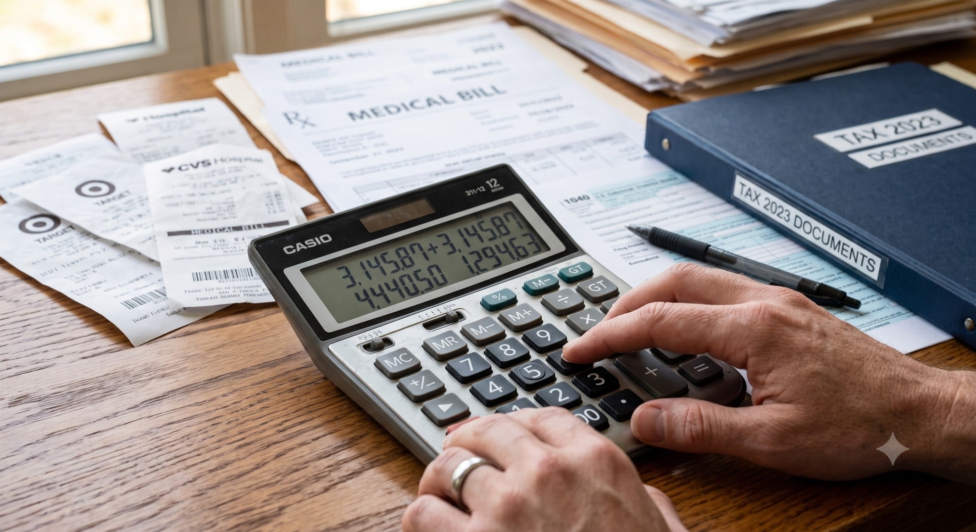 Close-up of a calculator showing numbers, with medical bills and a pen in the background, illustrating medical expense calculations and the 7.5 AGI threshold.