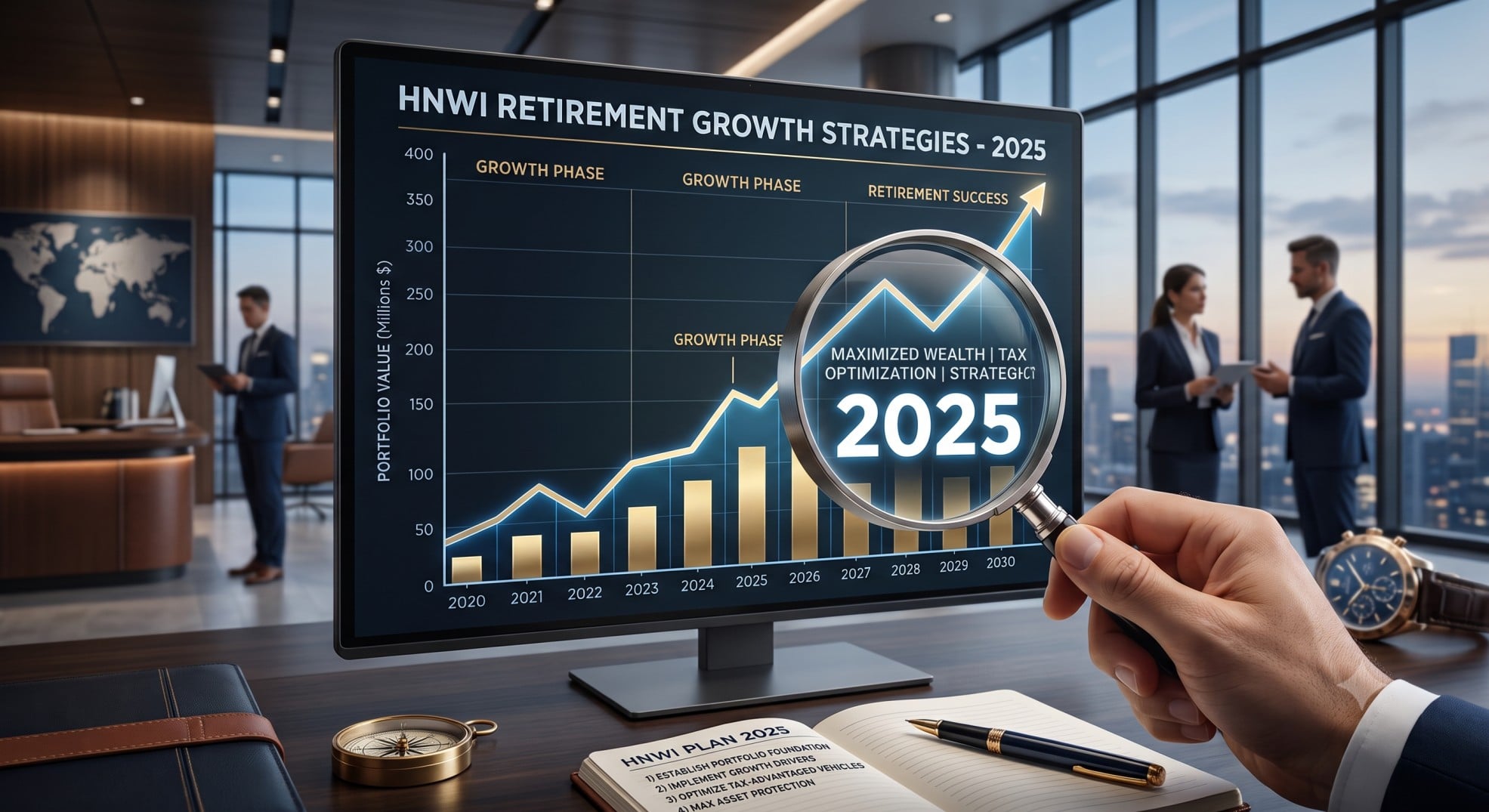 A sophisticated financial chart showing upward trends with a magnifying glass over 2025, symbolizing detailed tax planning and advanced workplace retirement strategies for high-net-worth individuals in 2025.