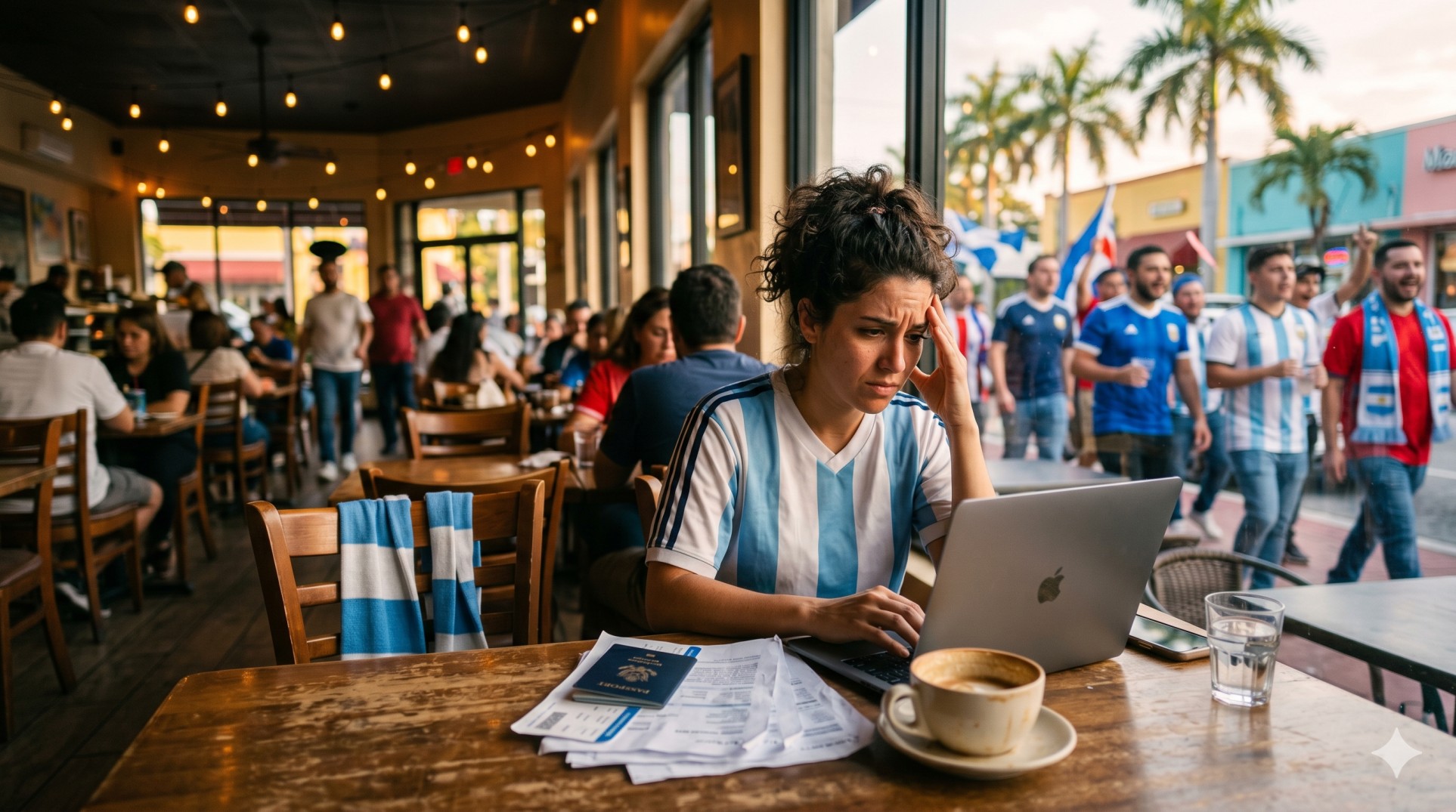   A foreign fan working on a laptop in a cafe to avoid US tax residency during the World Cup. 