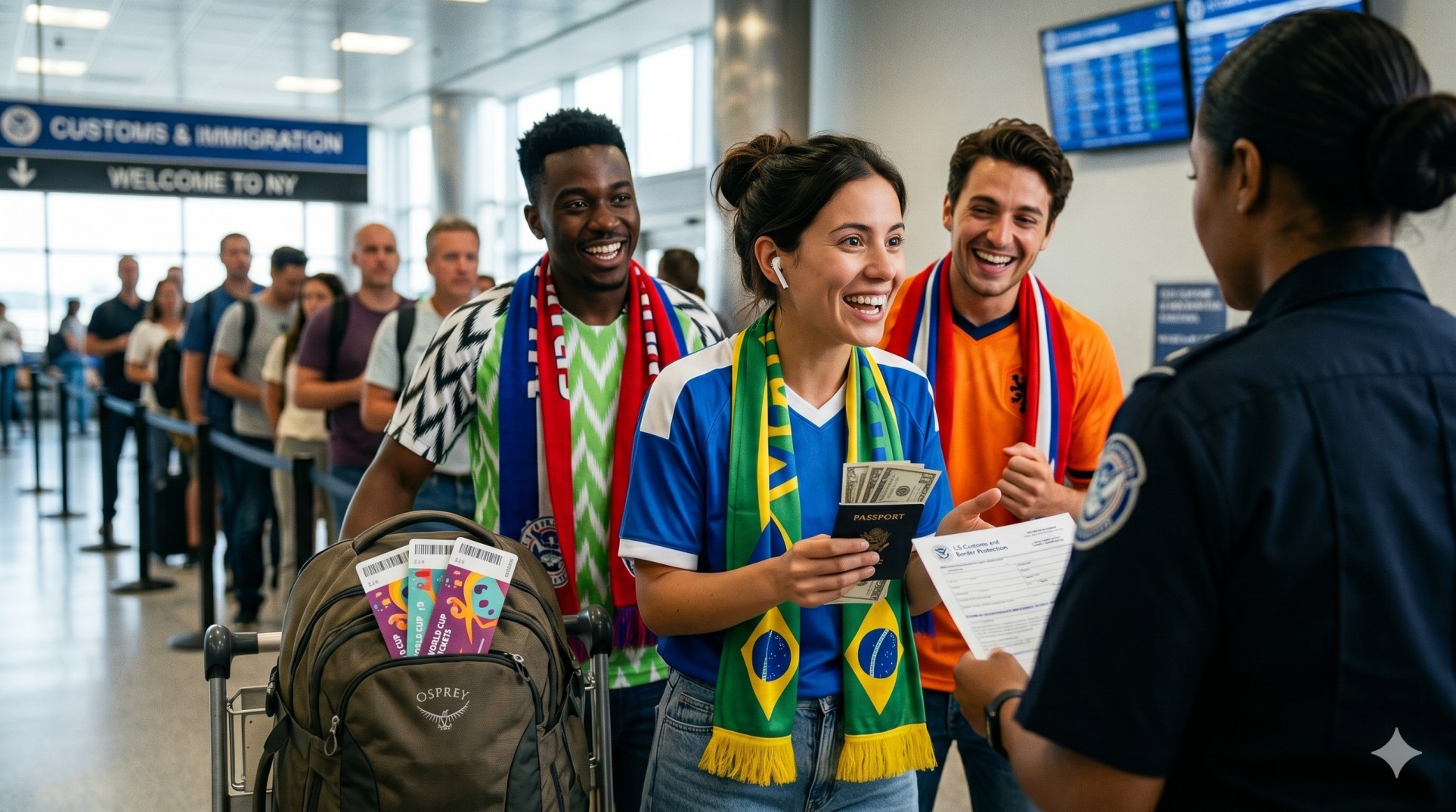   Excited international tourists bringing money to the US for the World Cup while navigating customs. 