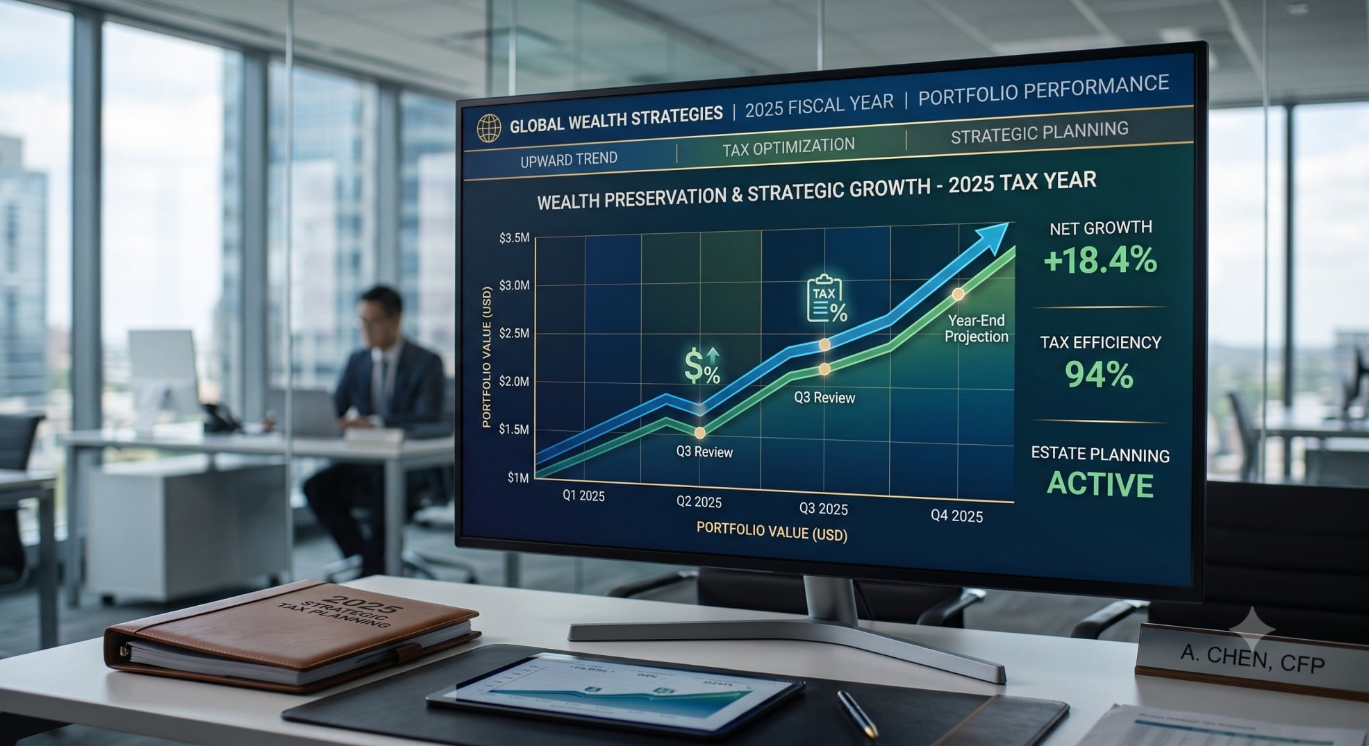A sophisticated financial chart showing upward trends, overlaid with tax symbols, representing capital gain tax 2025 and strategic planning.