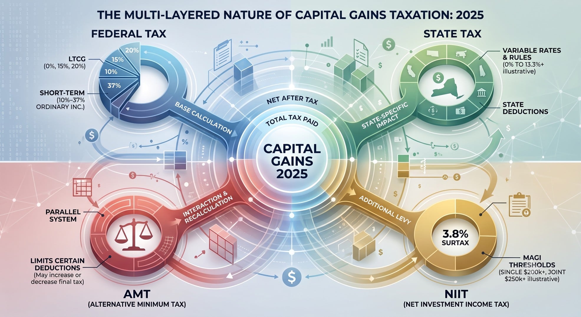 A complex diagram illustrating the various layers of capital gains taxation, including federal, state, NIIT, and AMT, for 2025, highlighting long-term capital gains.