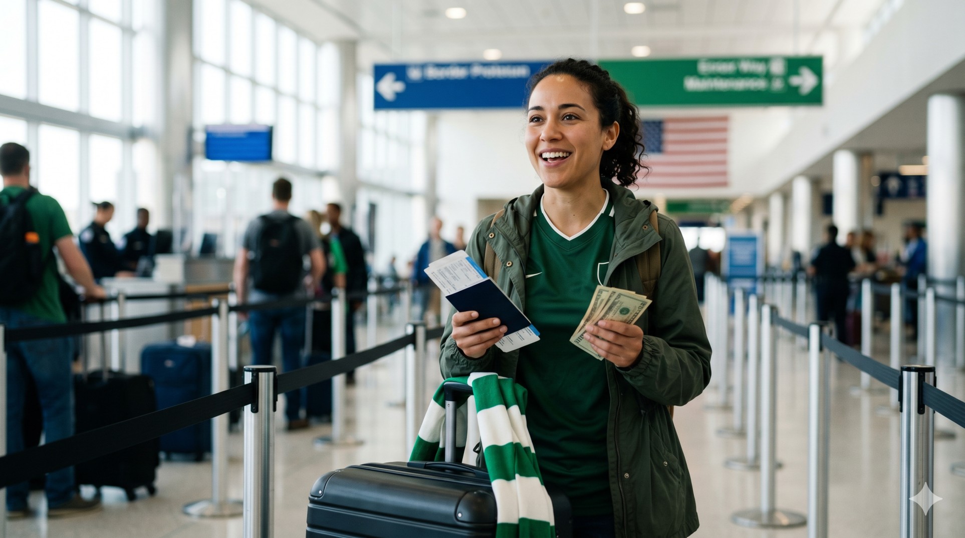   A foreign traveler learning the rules for declaring cash at US customs while organizing money and passports at the airport. 