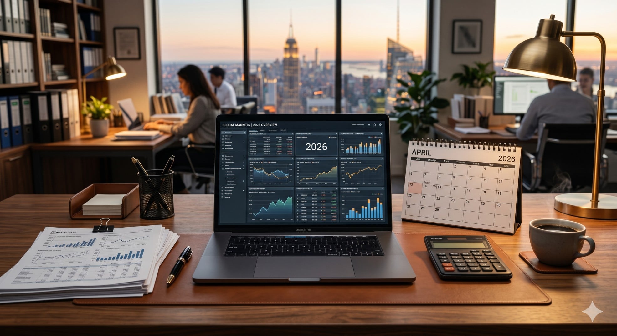 A desk with a laptop, calculator, and 2026 calendar representing the planning of federal estimated tax payments 2026.