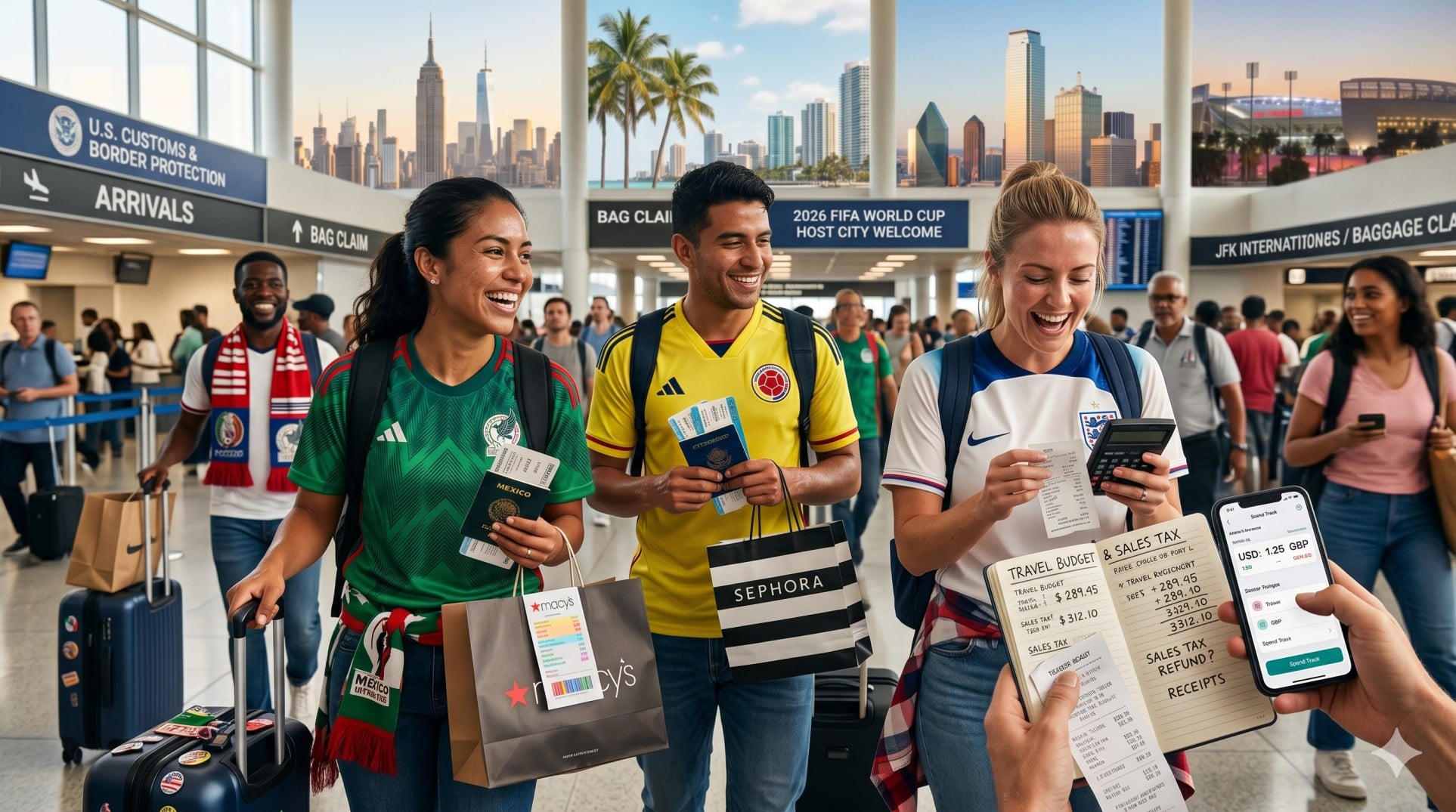   Foreign tourist sales tax refund USA concept with international soccer fans, shopping bags, receipts, and U.S. landmarks during a World Cup trip. 
