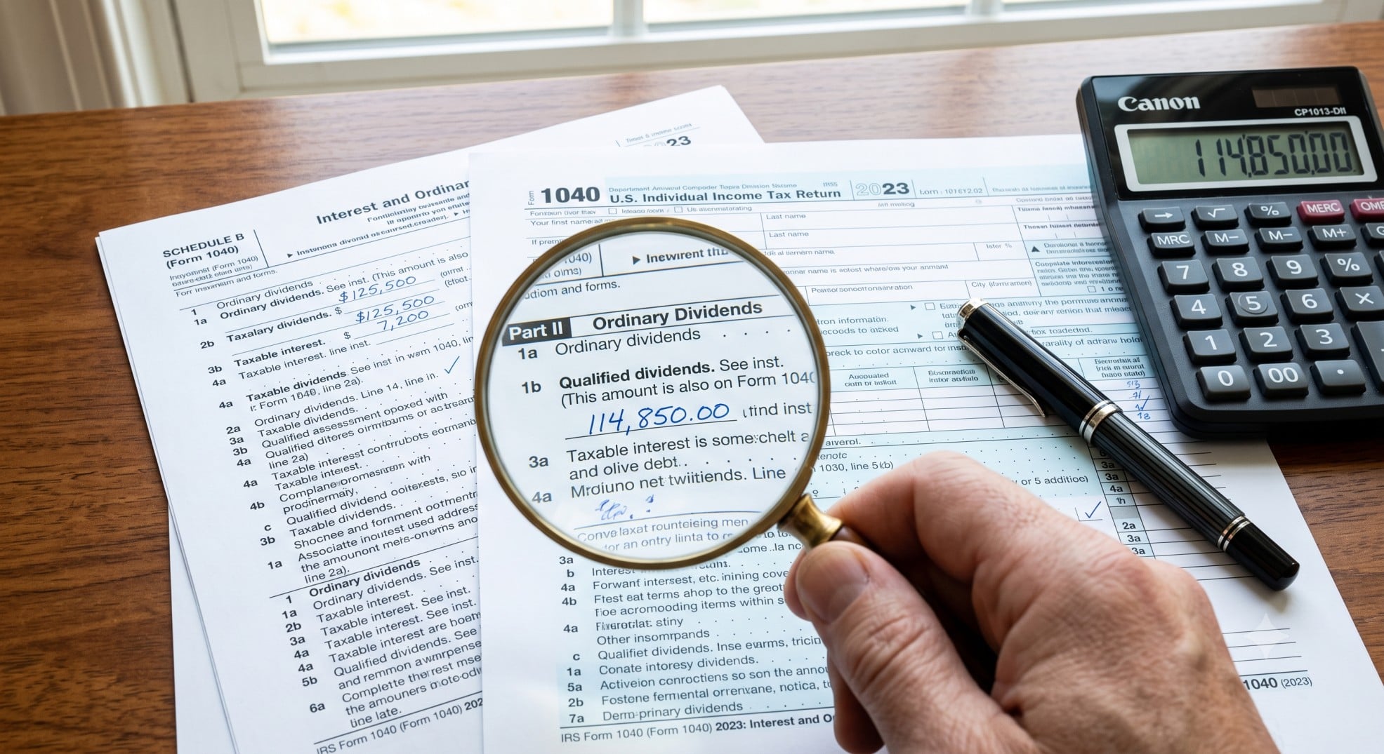 A magnifying glass over tax documents, symbolizing detailed HNWI tax planning for qualified dividends