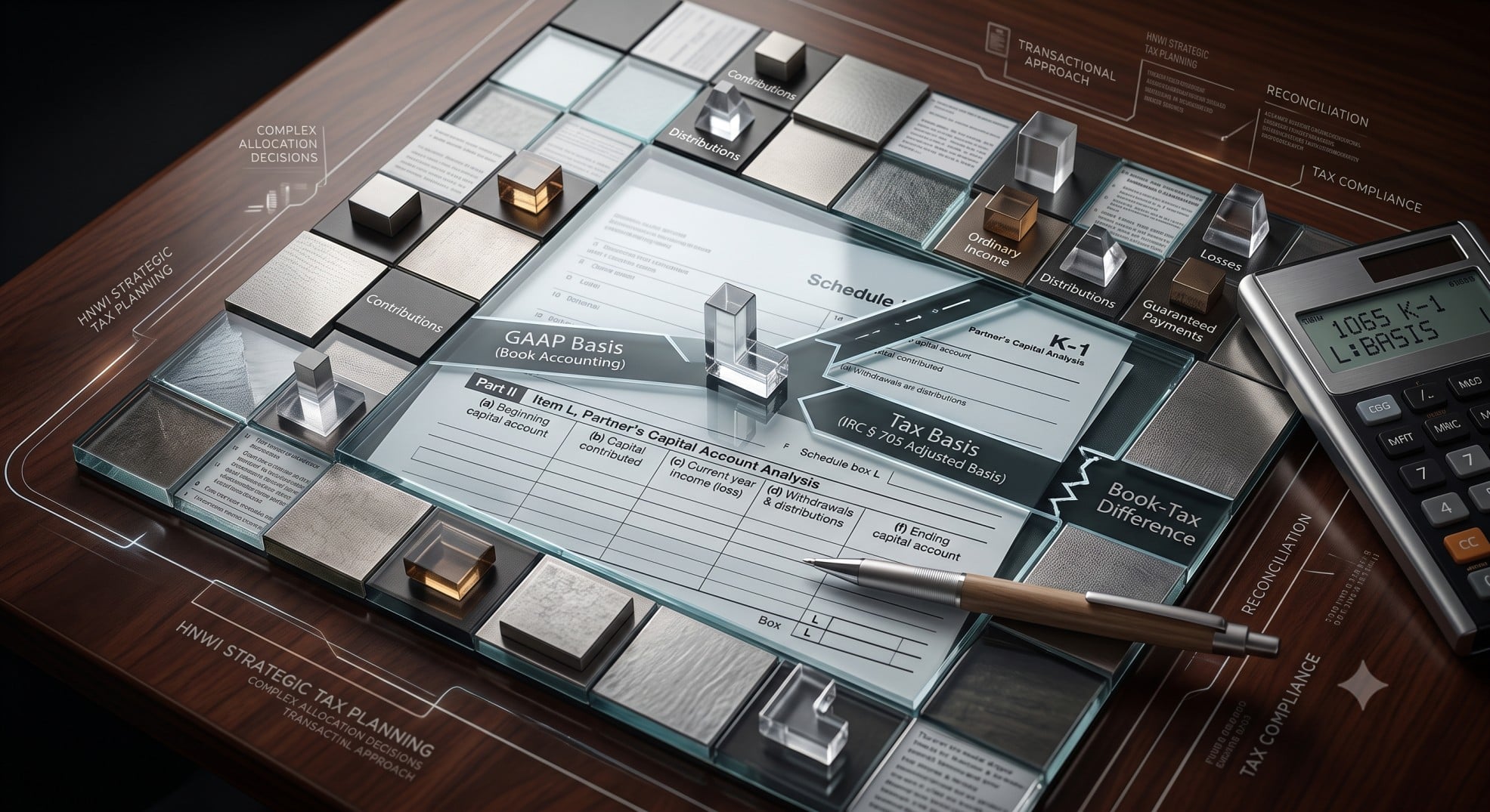 A chessboard with tax documents and a calculator, symbolizing strategic HNWI tax planning and the complexities of Schedule K-1 Box L.