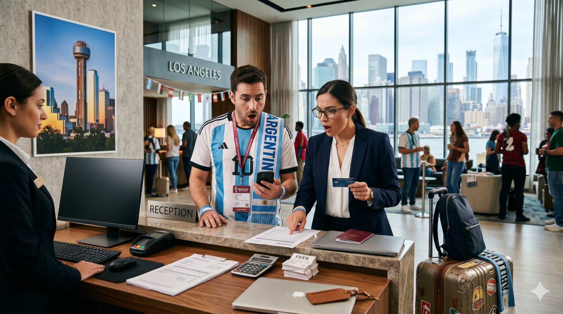   hotel occupancy tax on a World Cup accommodation bill with international fans, luggage, receipts, and a U.S. city skyline backdrop. 