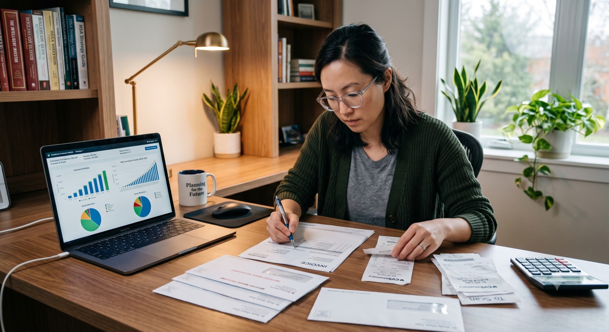 A person reviewing medical bills and receipts, with a laptop showing investment charts, emphasizing careful record-keeping for the HSA Shoebox Strategy.