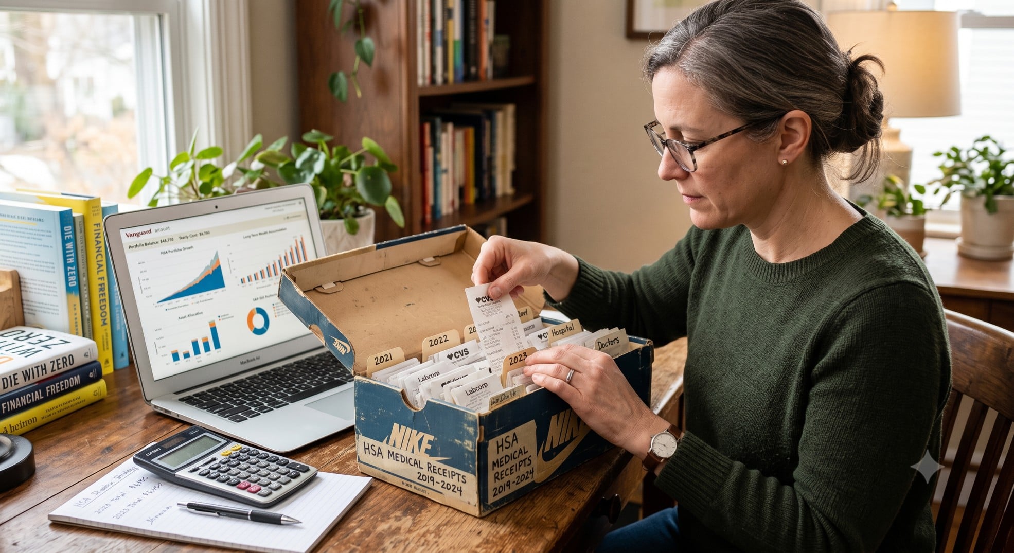 A person organizing medical receipts in a shoebox, with a calculator and investment charts in the background, symbolizing the HSA Shoebox Strategy for tax-free wealth.