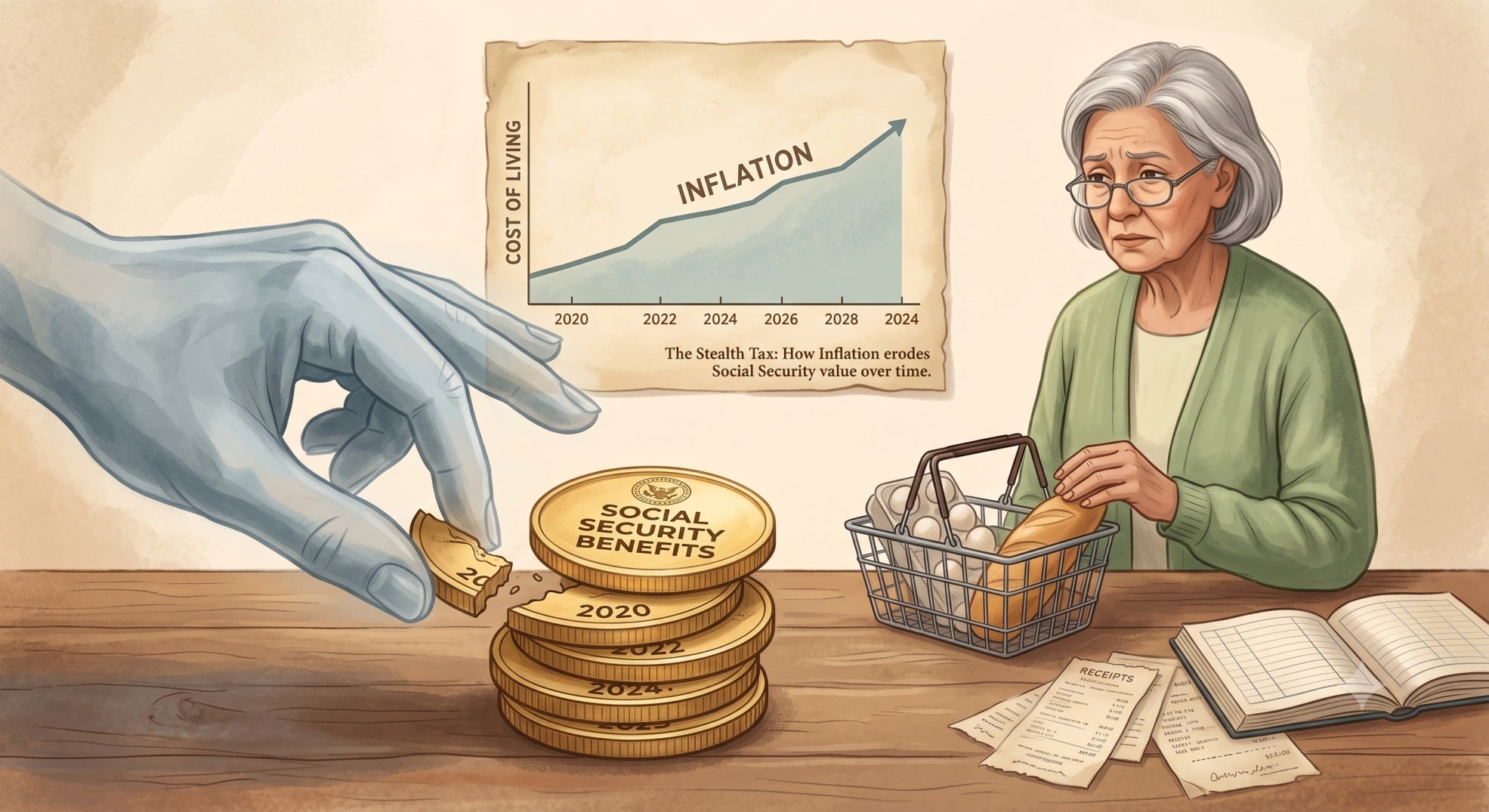 A graph showing rising costs and inflation, illustrating the 'stealth tax' effect on older adults' Social Security benefits.