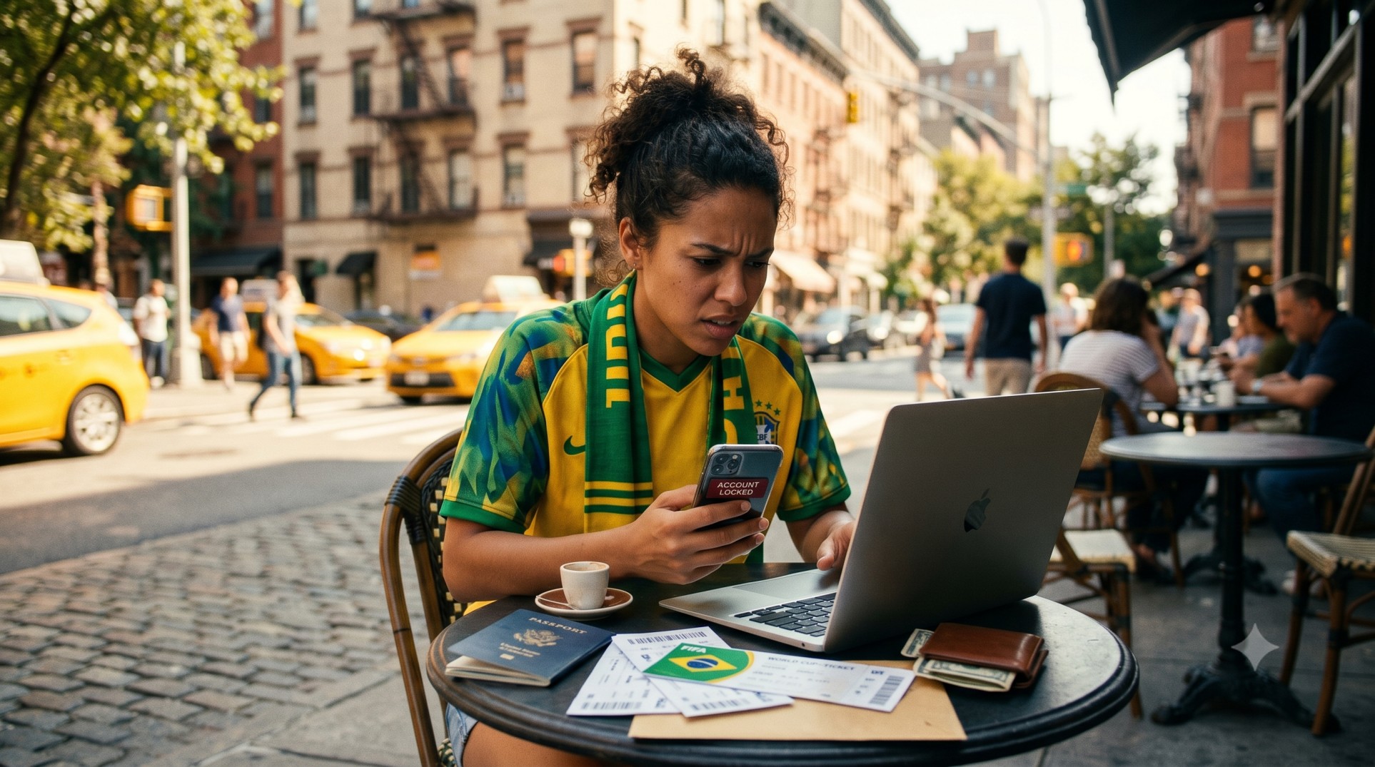   An international tourist at a cafe dealing with the IRS 1099-K reporting rule after reselling World Cup tickets. 