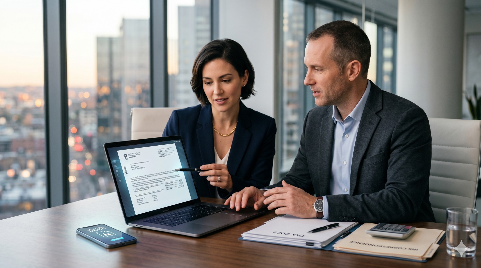  Taxpayer and advisor using IRS Document Upload Tool and online account on a laptop 