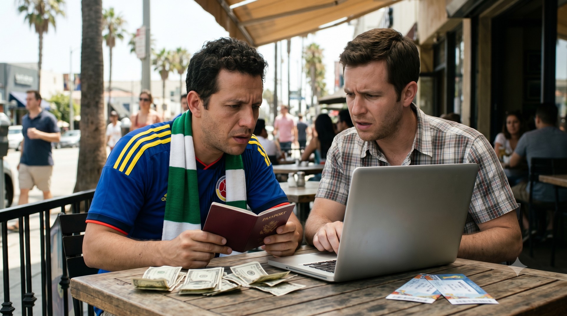   International tourists in a cafe discussing the IRS Form 3520 foreign gift rules while planning their World Cup trip. 