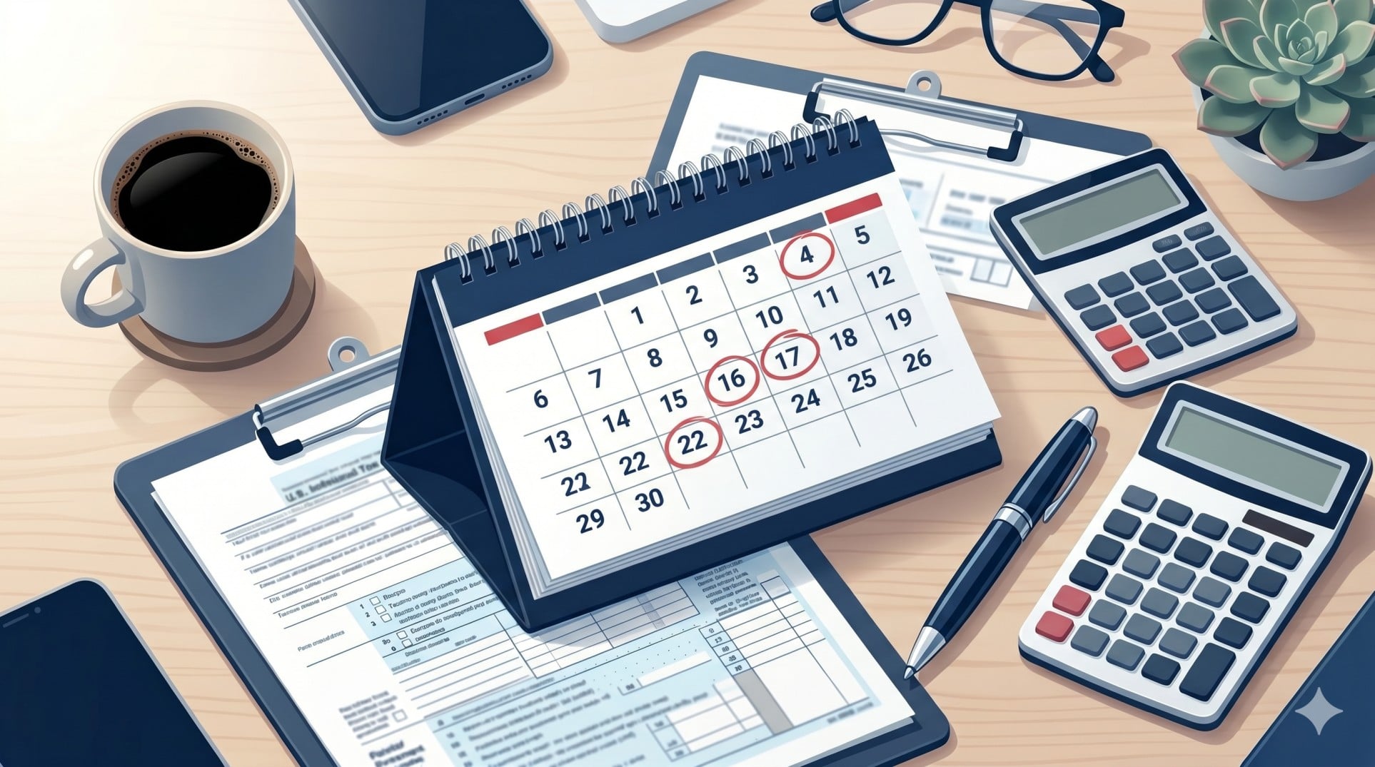 A desk calendar highlighting the IRS holiday schedule alongside tax forms and a calculator for financial planning.