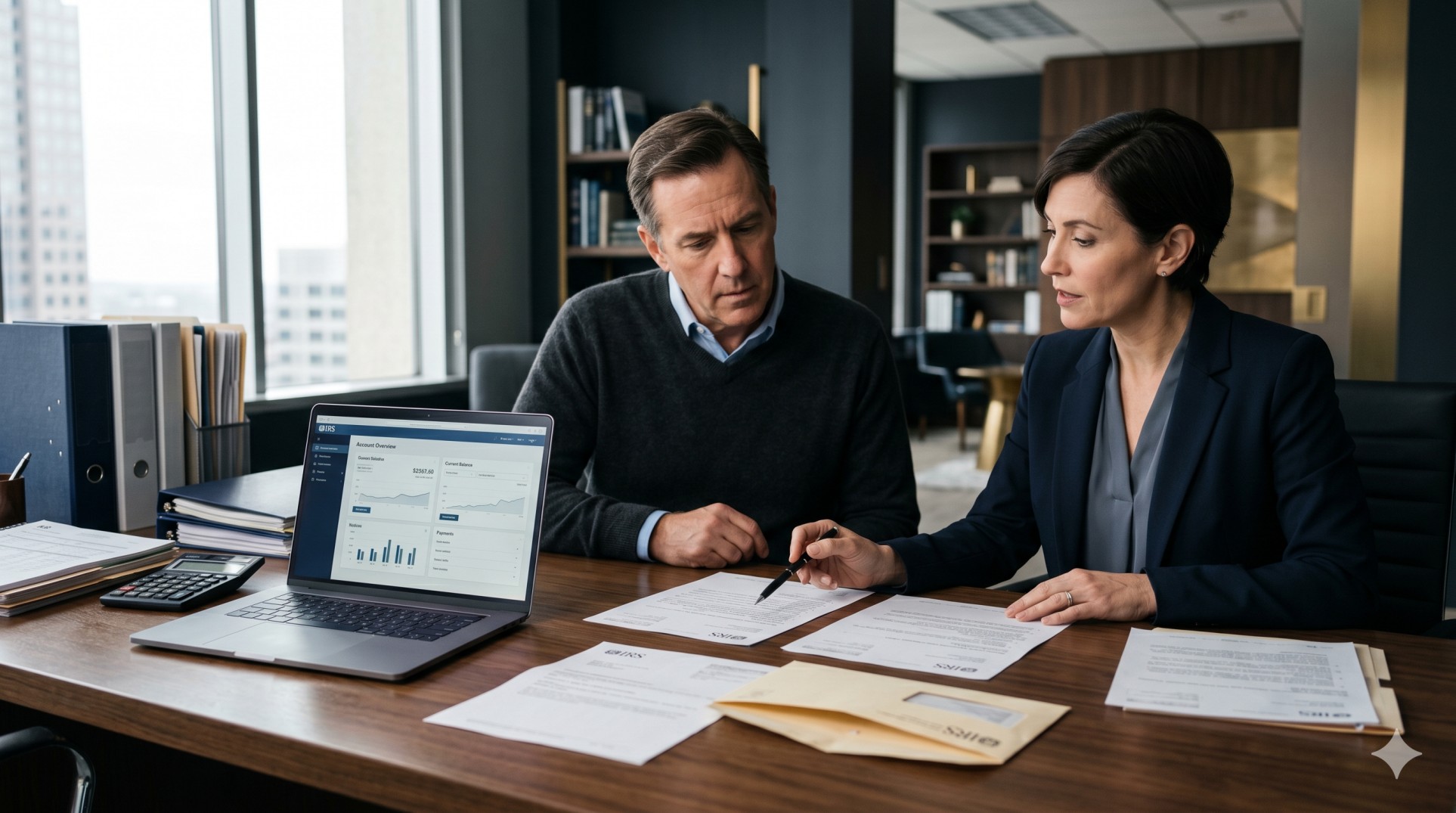   IRS notice response with a CPA and taxpayer reviewing CP2000, CP14, and LT11 letters at a desk. 