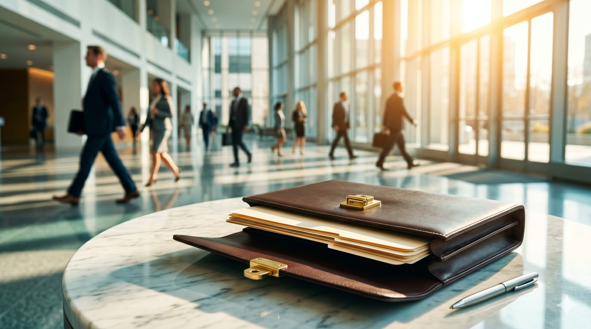   A leather briefcase and tax folders representing preparation for an IRS Taxpayer Assistance Center appointment.