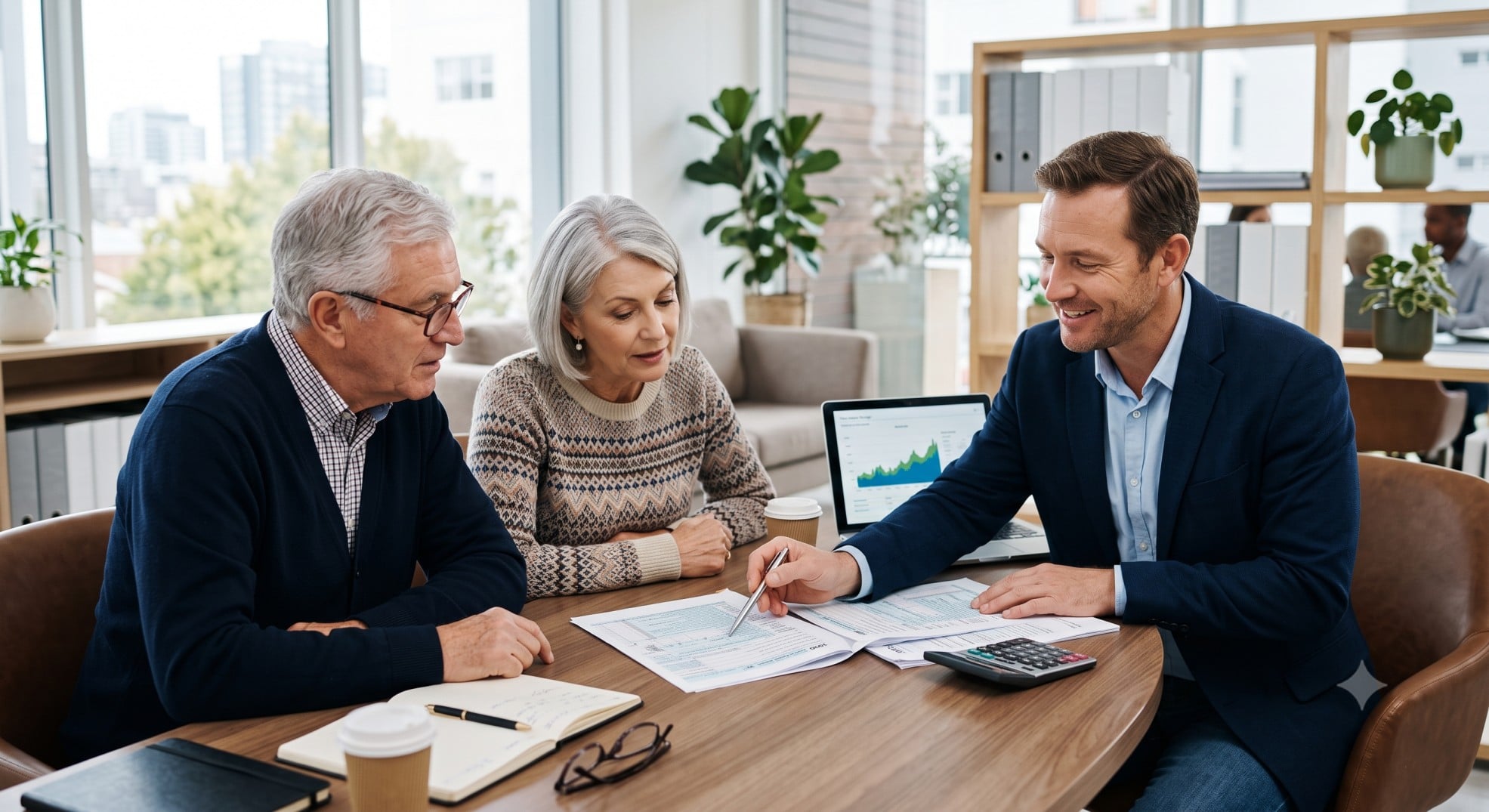 An older adult couple discussing tax forms with a financial advisor, highlighting itemized deductions for older adults.