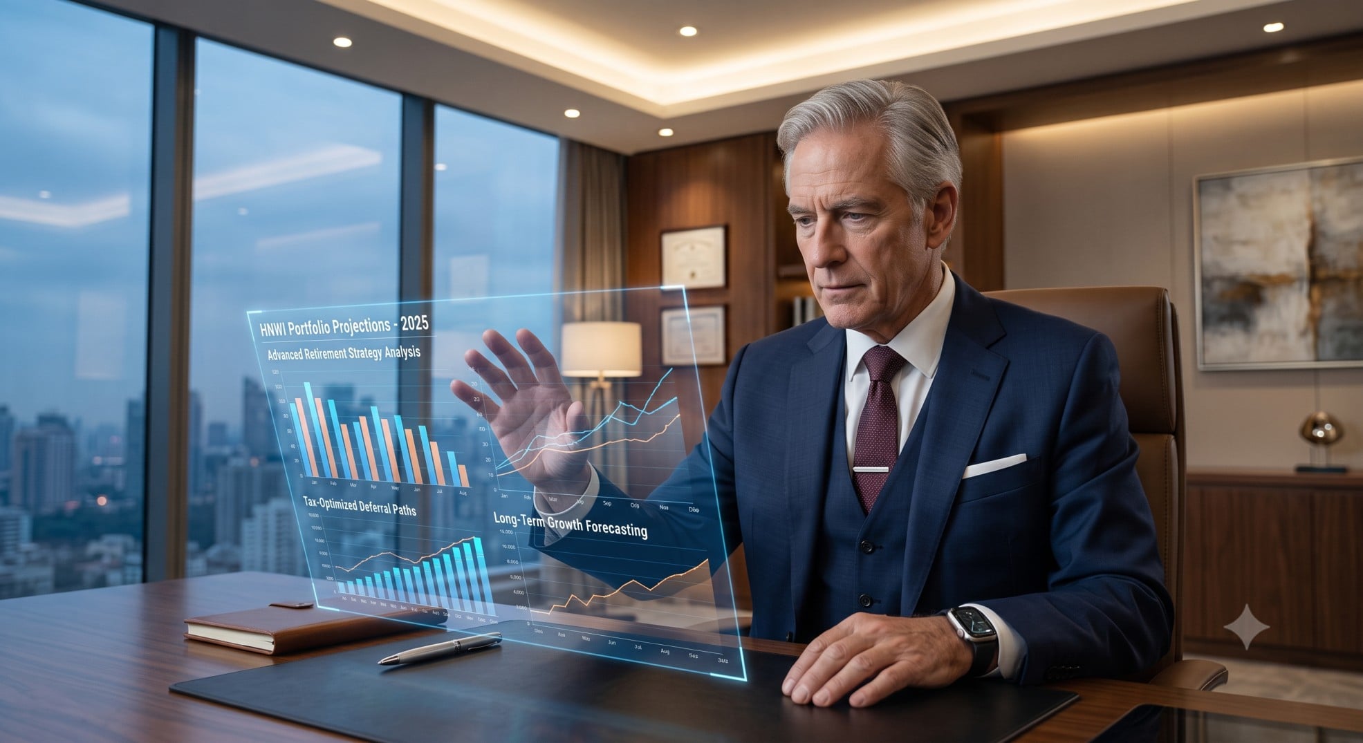 A person thoughtfully looking at a financial projection on a tablet, symbolizing long-term retirement planning and strategic decision-making for advanced workplace retirement strategies for high-net-worth individuals in 2025.