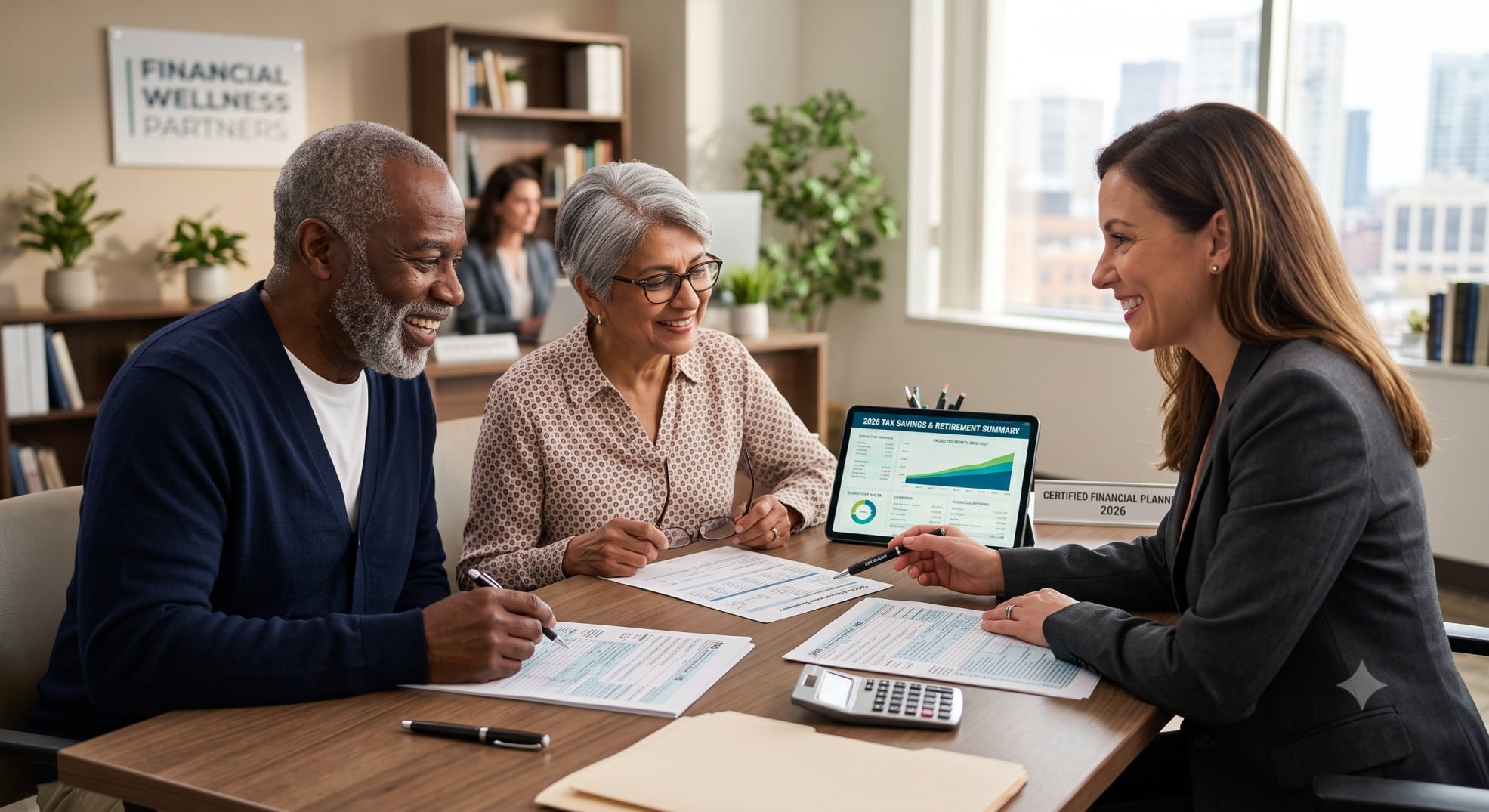 Older couple reviewing tax documents with a financial advisor, symbolizing smart tax planning for 2026