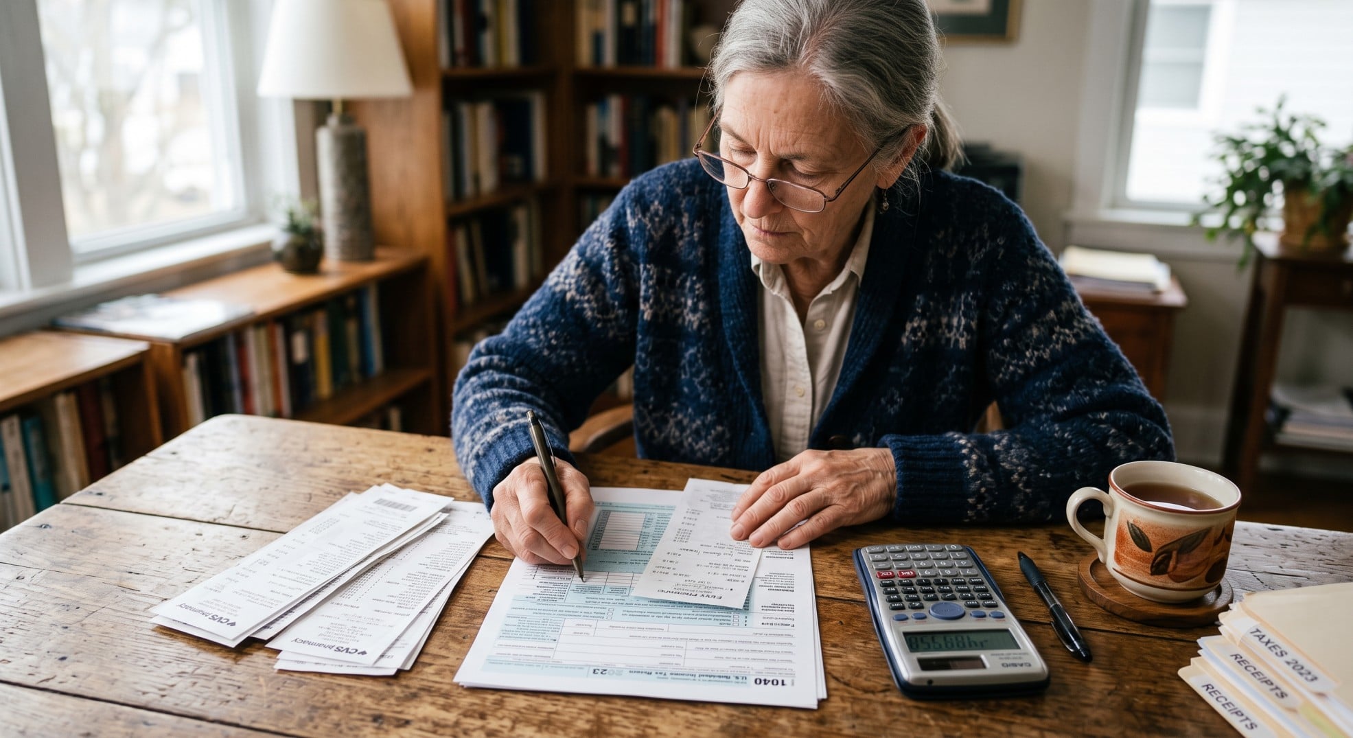 Older adult reviewing tax documents with a calculator and glasses, symbolizing financial planning for medical expense deductions 2026.
