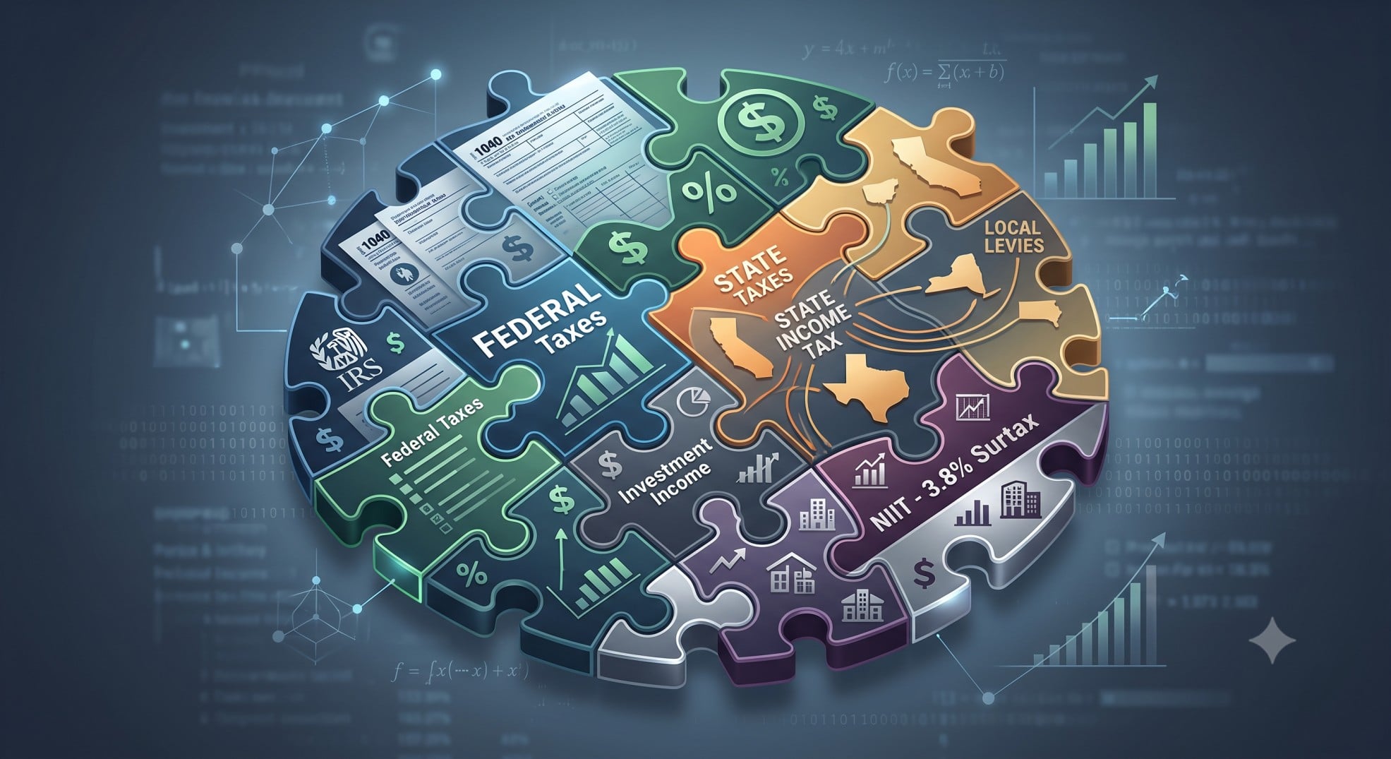 A complex financial puzzle representing the various layers of Net Investment Income Tax and other taxes for high-net-worth individuals