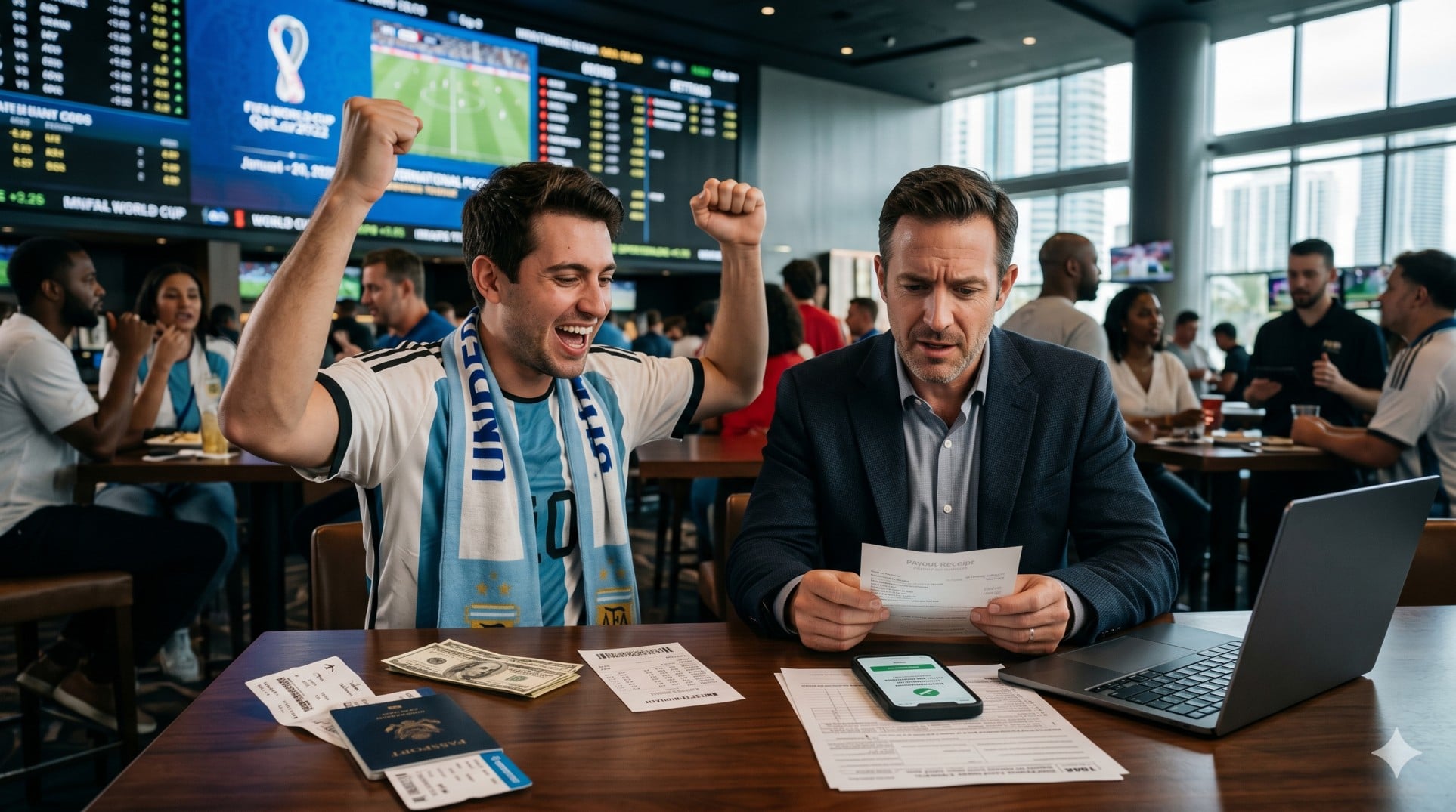   nonresident alien gambling tax on a sportsbook win, with an international fan, betting slip, passport, U.S. cash, and World Cup travel gear. 