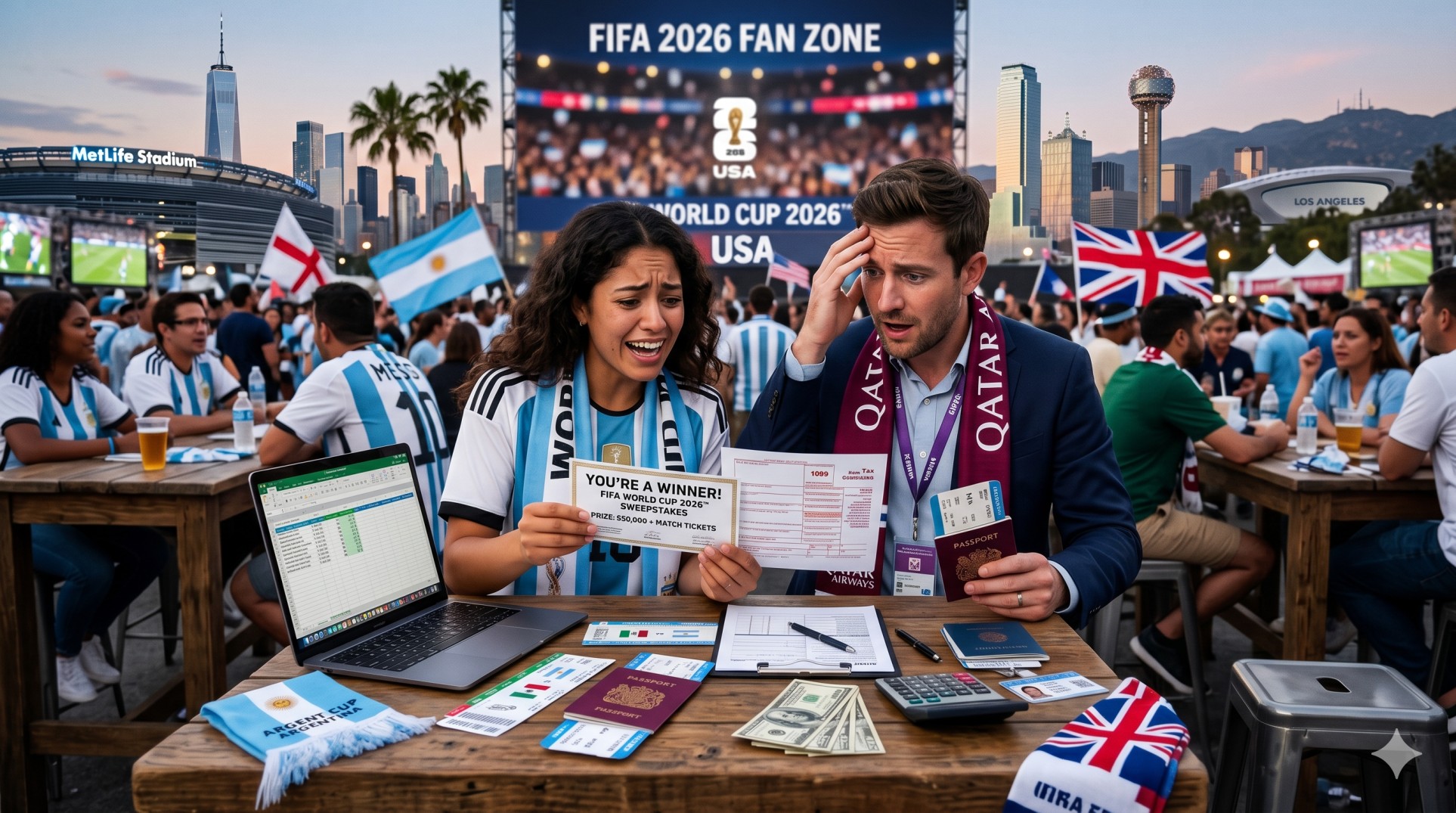   nonresident alien sweepstakes tax on a World Cup prize with an international fan, winning ticket, passport, and U.S. currency. 