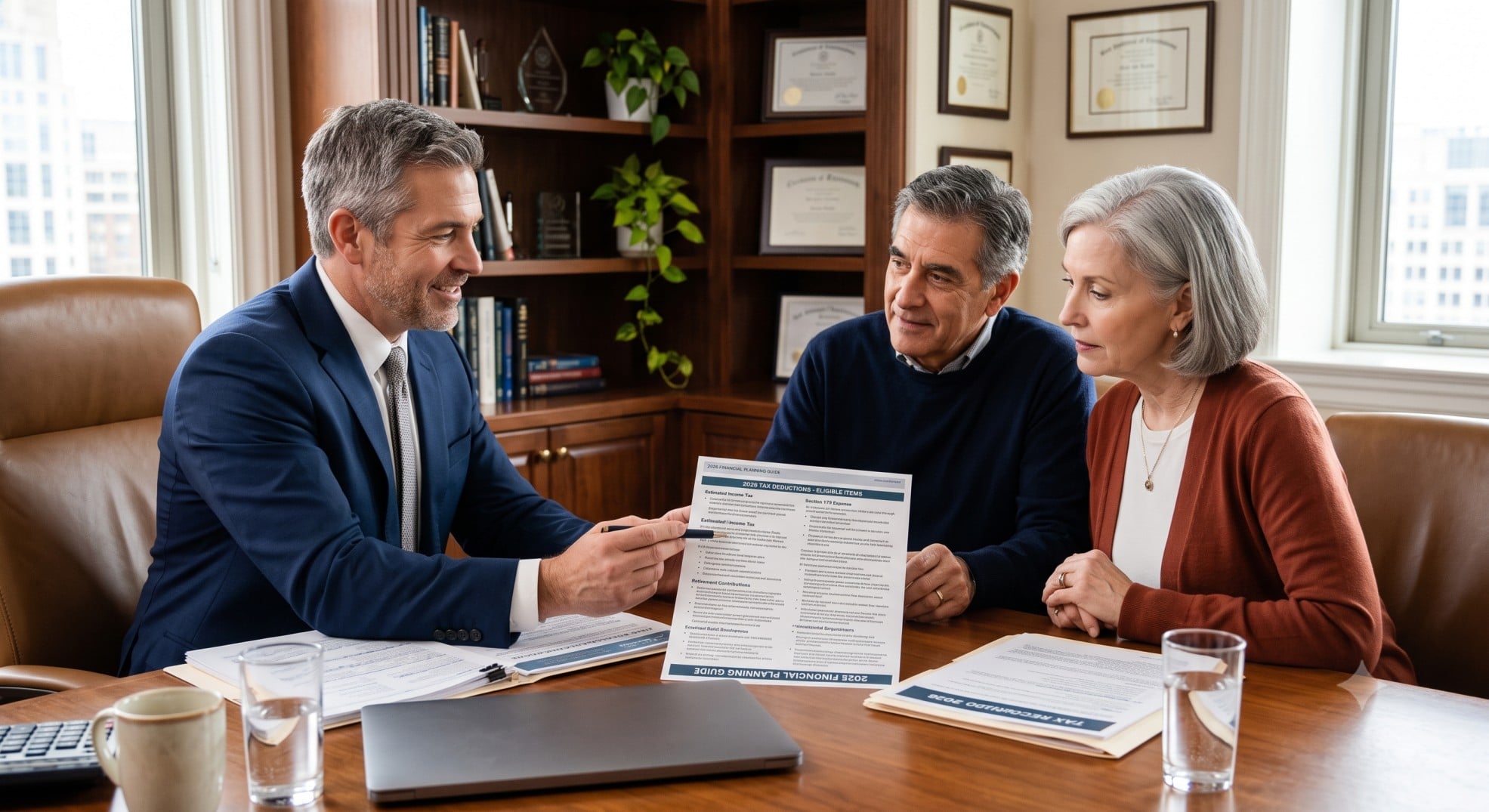 A financial advisor explaining tax documents and potential tax deductions for 2026 to a couple, emphasizing the importance of professional guidance