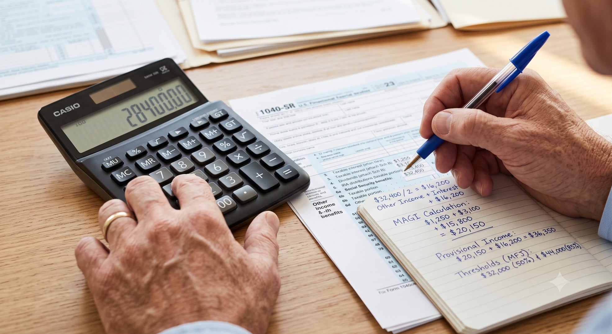 A person calculating finances with a calculator and documents, representing the complexity of Social Security tax calculations.