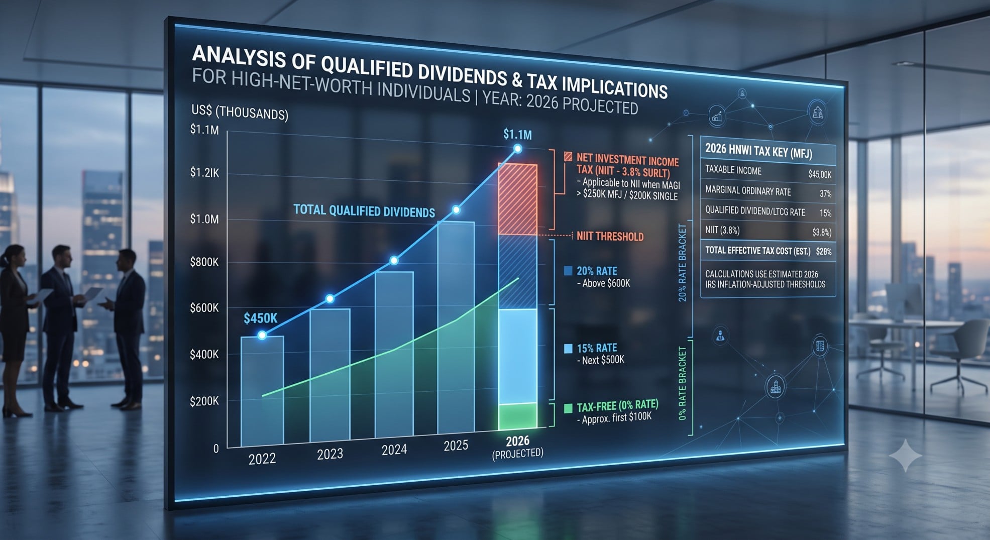 A detailed financial chart showing qualified dividend tax impacts and growth for high-net-worth individuals in 2026