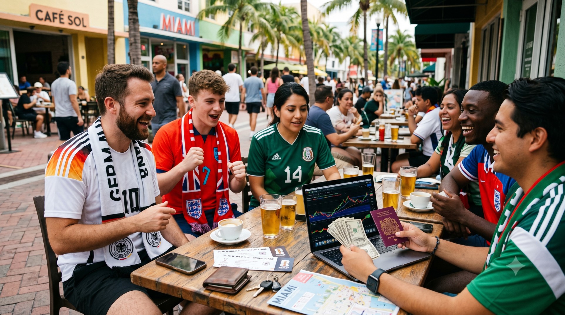   A group of international football fans in a US cafe learning how to reduce US withholding tax during the 2026 World Cup. 