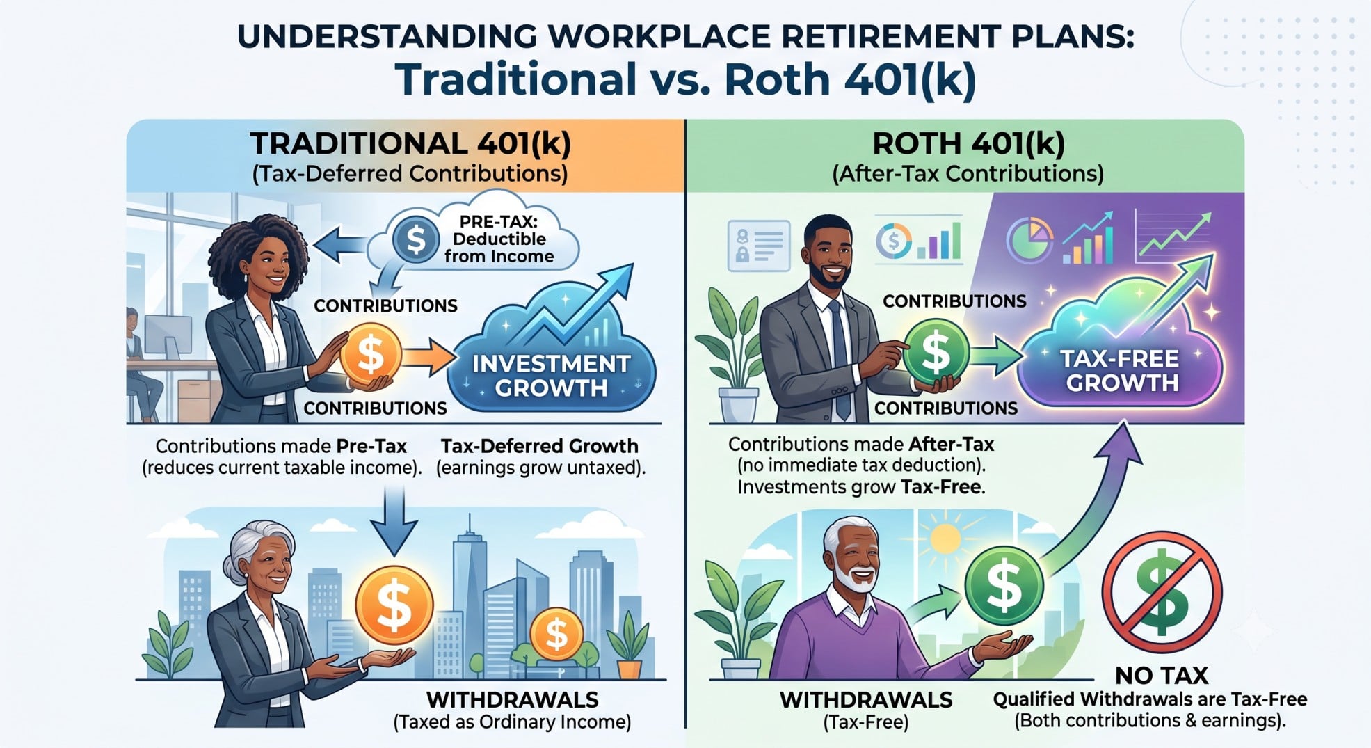 A split image showing traditional and Roth 401(k) options, illustrating tax advantages for understanding workplace retirement plans 2026.
