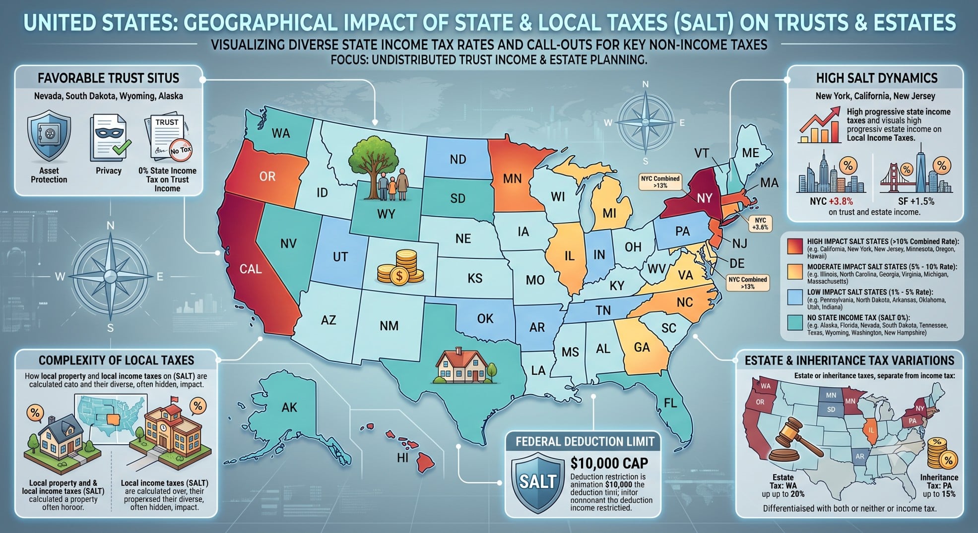 A map of the United States highlighting states with different state and local tax rates, illustrating the varied impact of SALT on trust income and beneficiary K-1s.