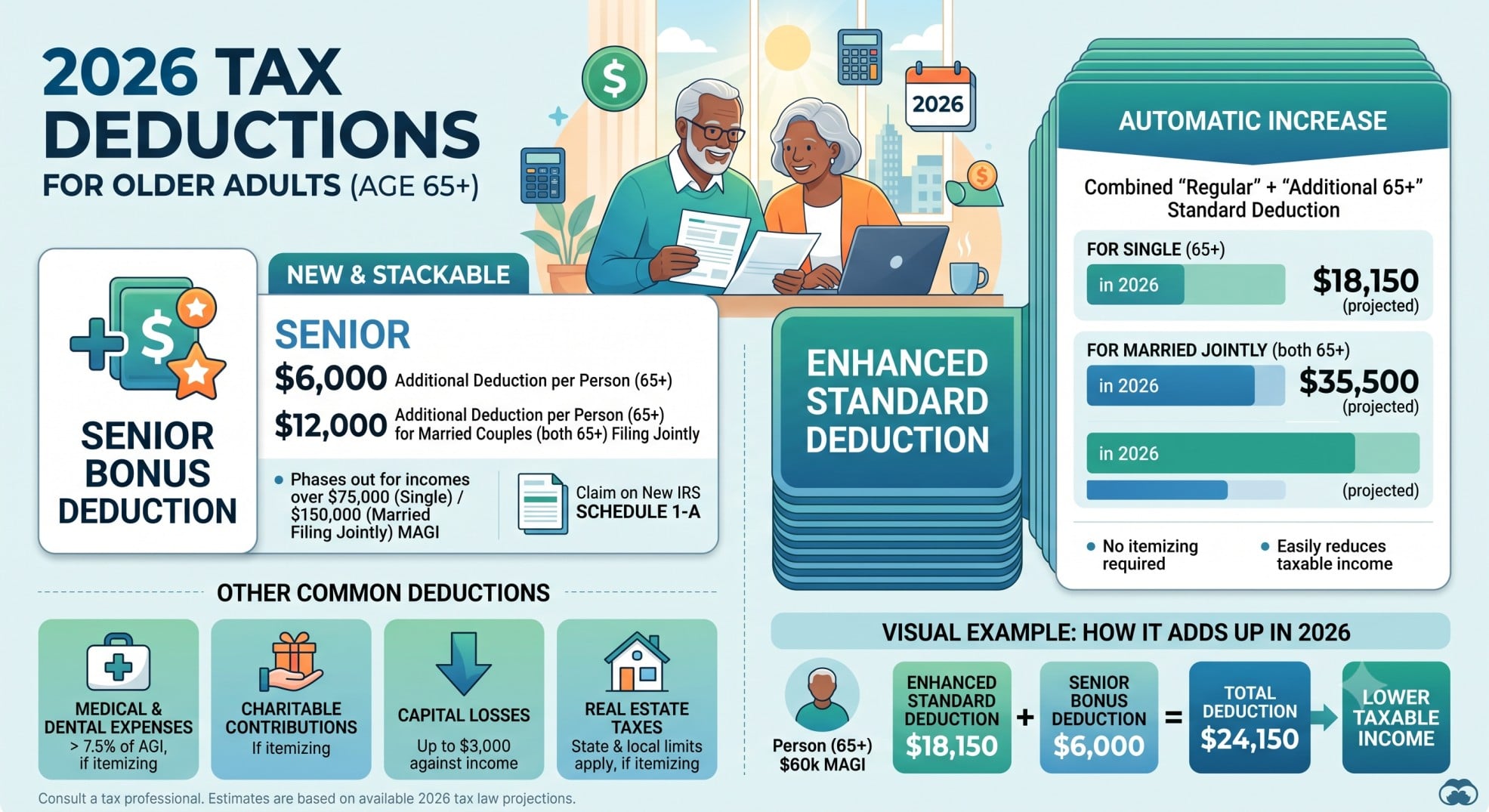 Infographic illustrating various tax deductions available for older adults in 2026