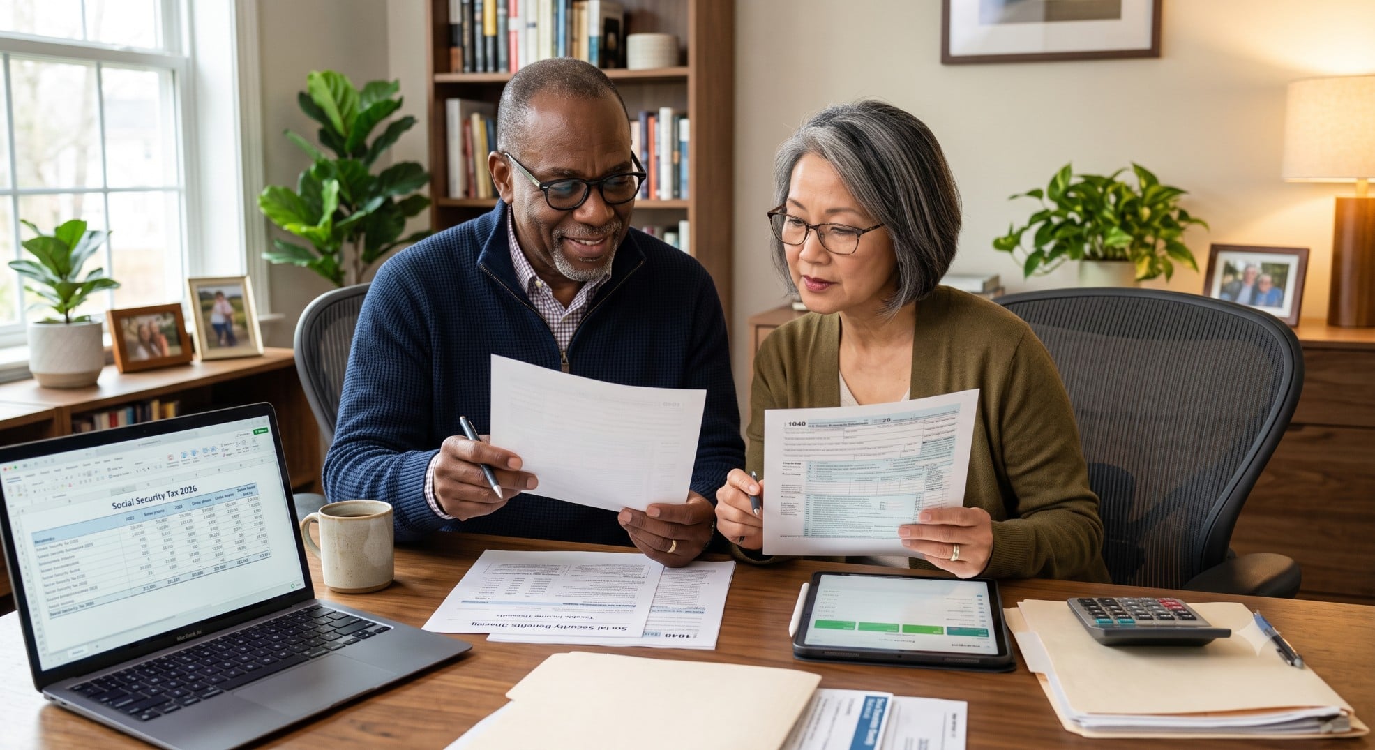 An older adult couple reviewing financial documents and a tablet, symbolizing financial planning for Social Security taxation 2026.