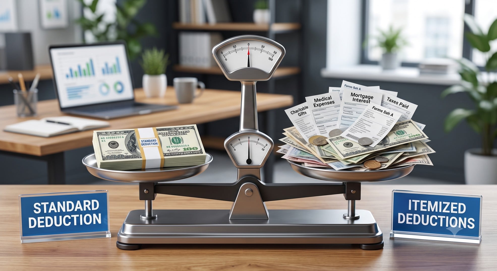 A scale balancing Standard Deduction 2026 against itemized deductions.