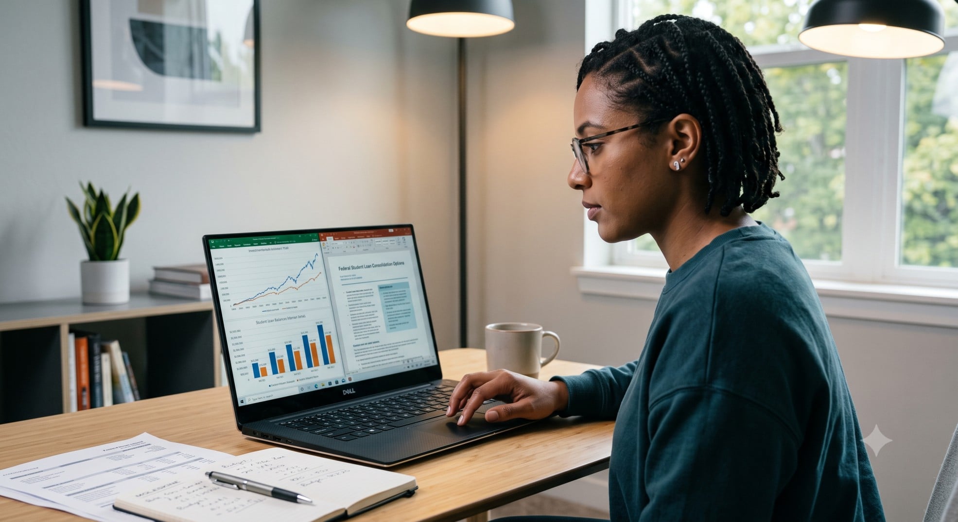A person looking at a laptop screen with financial charts and student loan documents, symbolizing planning for upcoming Student Loan Changes 2026.