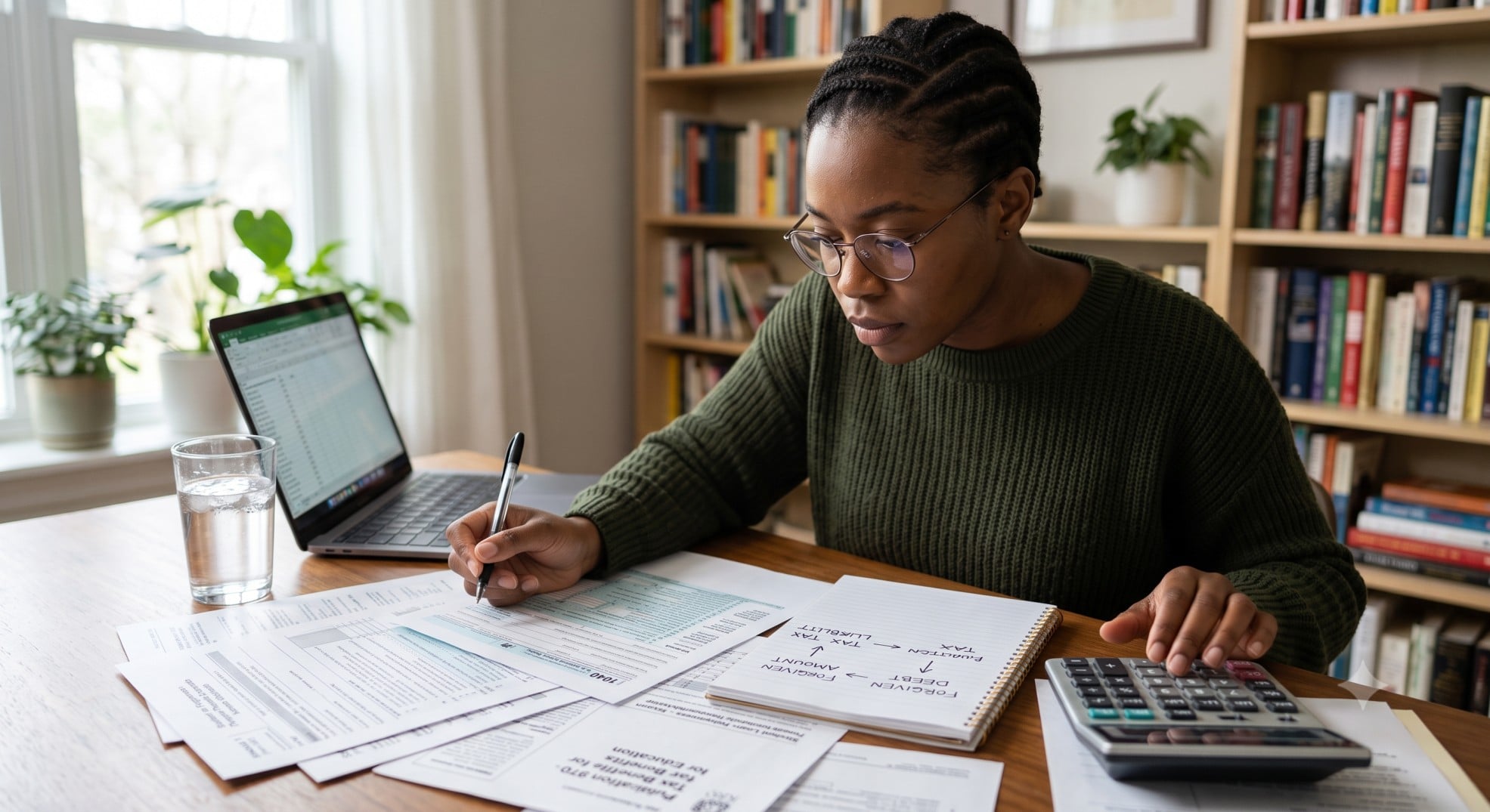 A person reviewing tax documents and a calculator, planning for potential student loan forgiveness tax liabilities.