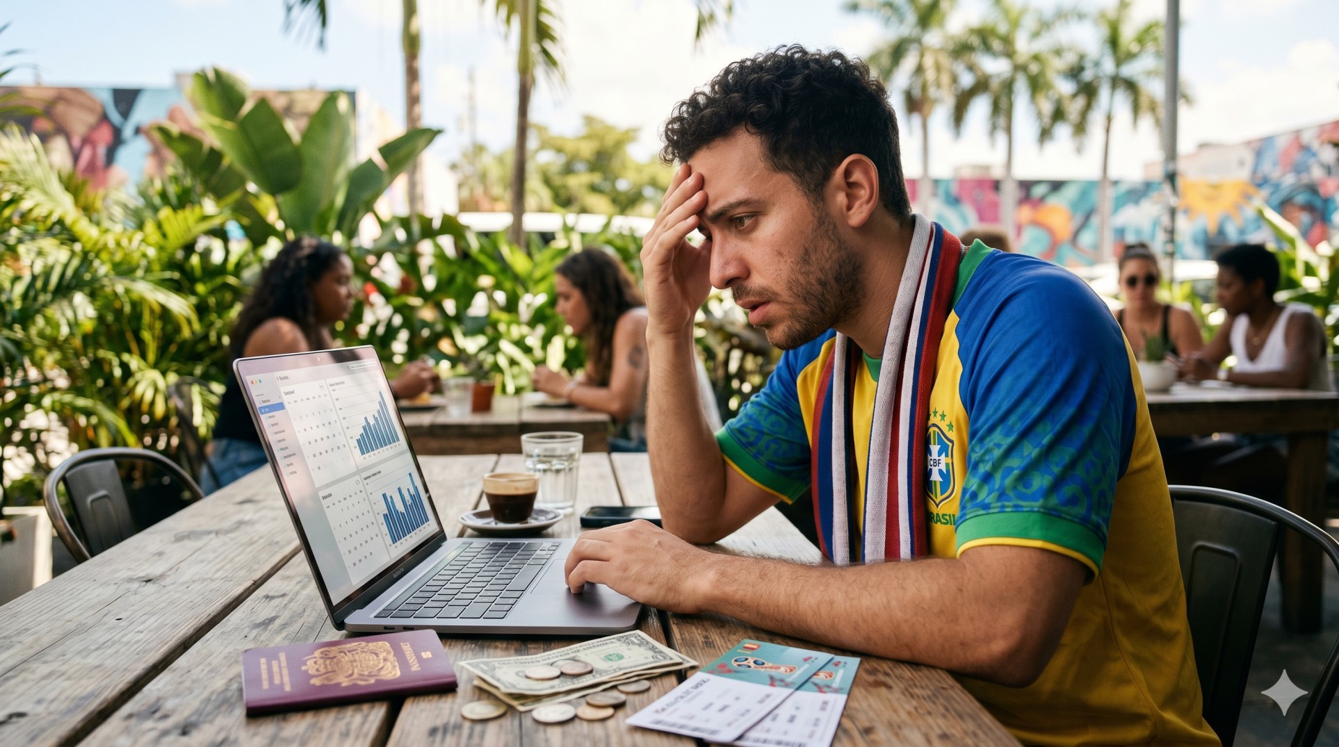   A stressed international tourist looking at a calendar and laptop, learning about the Substantial Presence Test during the World Cup. 