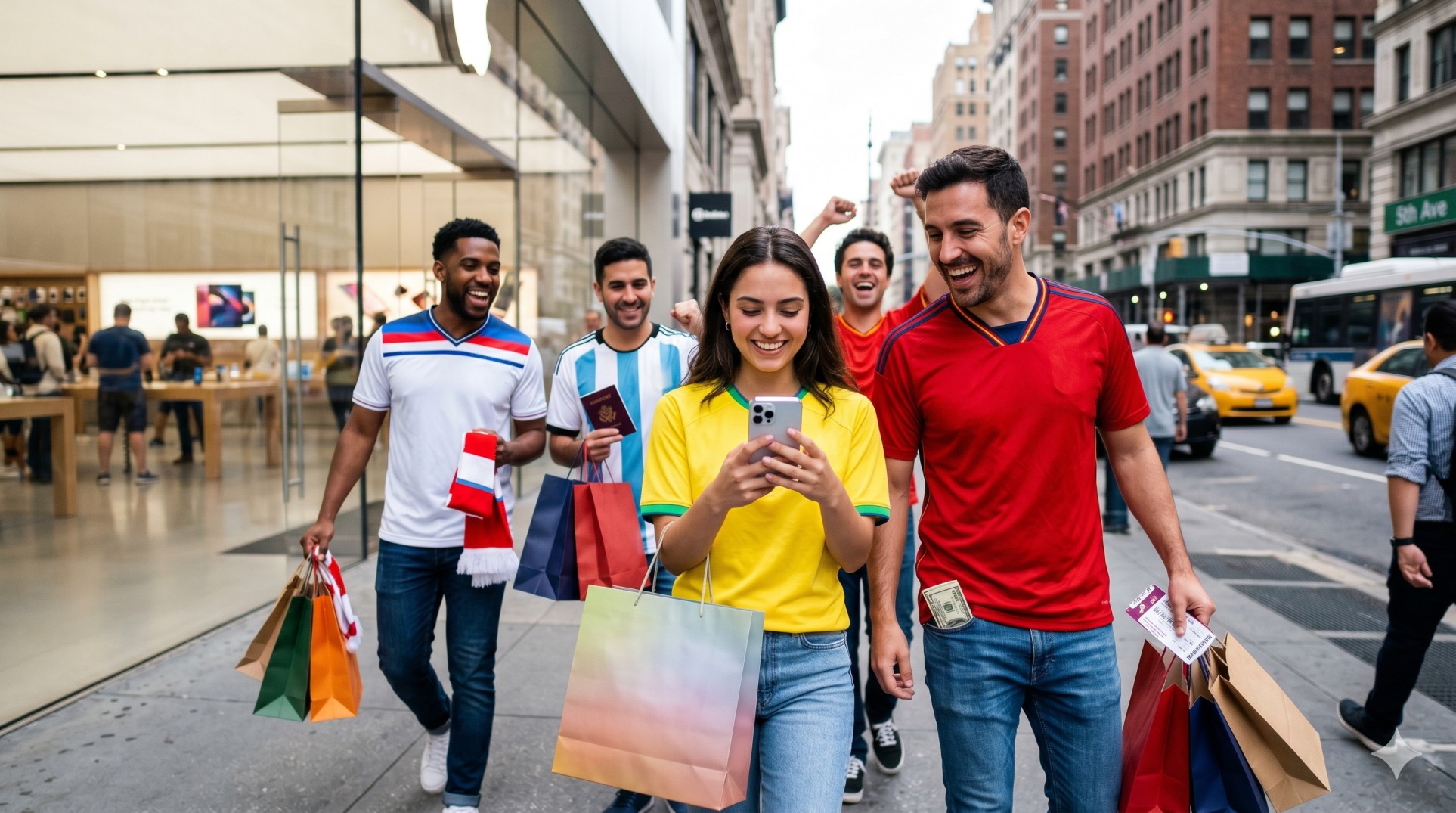   A group of international tourists enjoying tax-free shopping in USA during the 2026 World Cup.

 