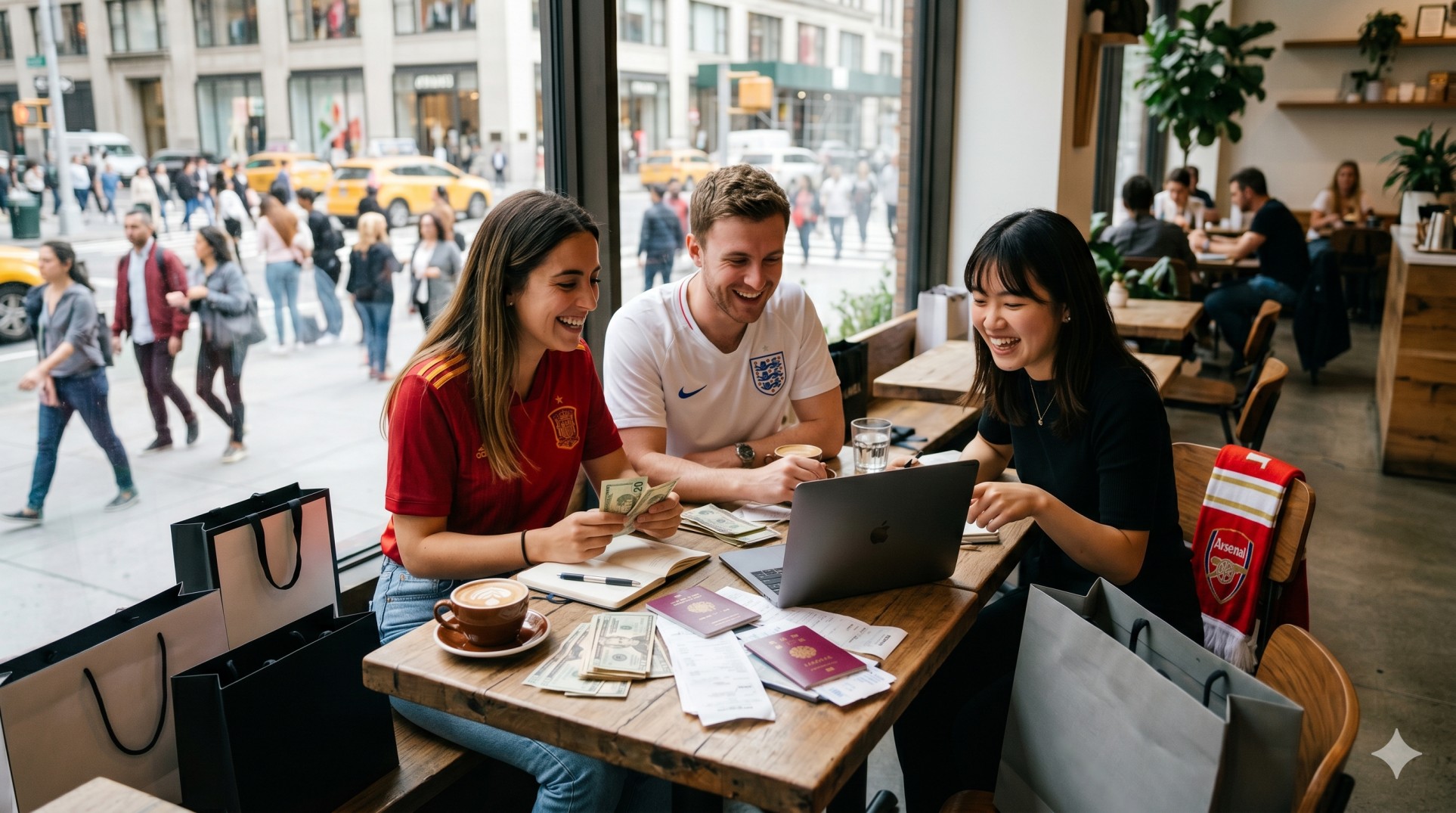   Foreign tourists learning about tax free shopping USA while organizing their purchases and travel documents at a cafe. 