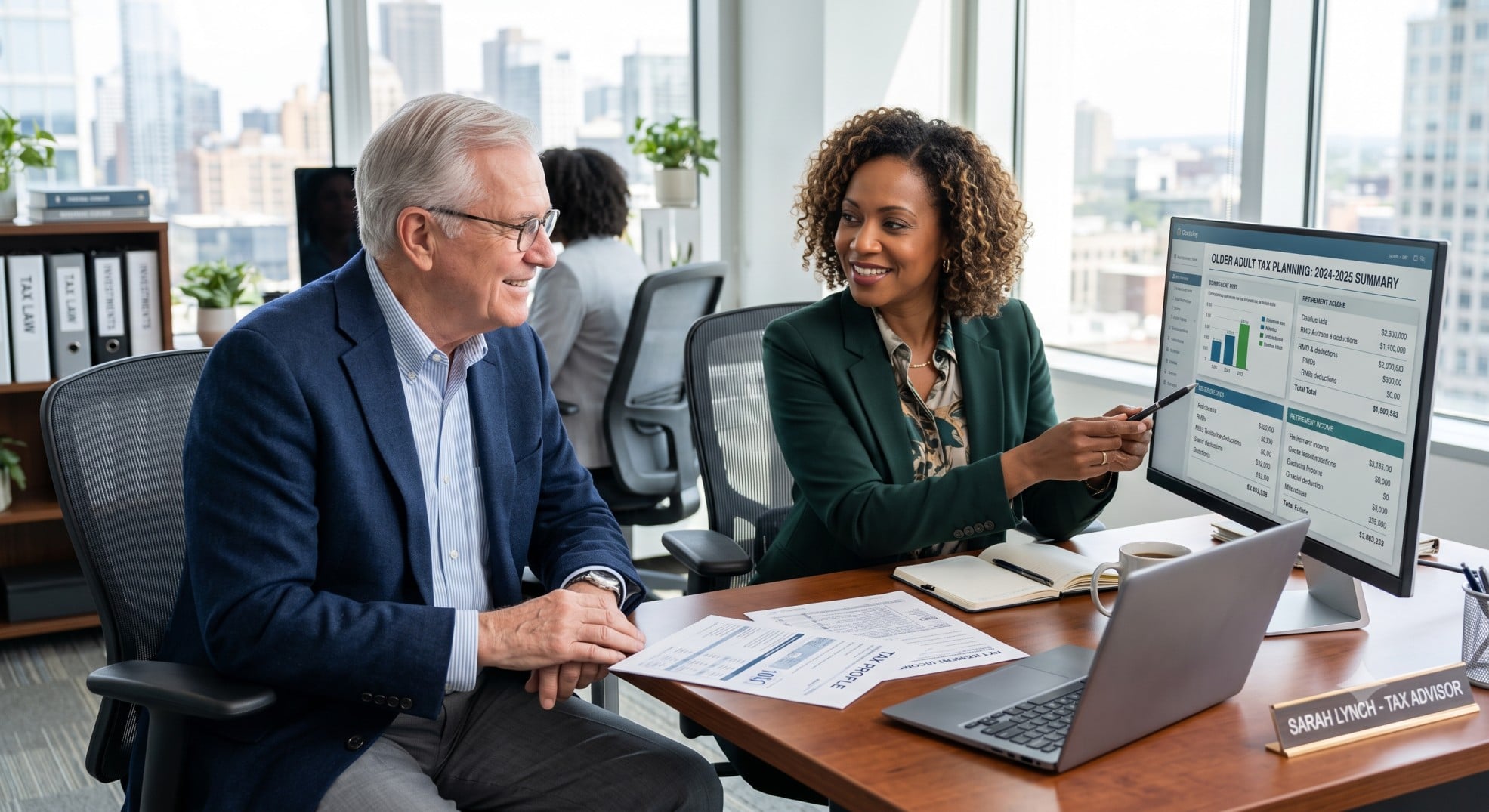 Older adult meeting with a tax advisor, discussing financial strategies for 2026